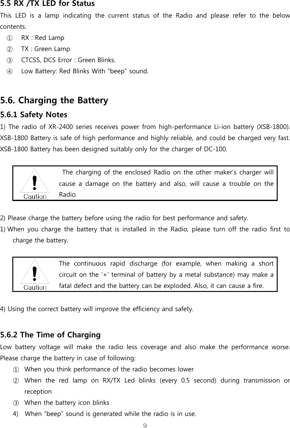 9   5.5 RX /TX LED for Status This LED is a lamp indicating the current status of the Radio and  please  refer  to  the  below contents. ①  RX : Red Lamp ②   TX : Green Lamp ③   CTCSS, DCS Error : Green Blinks. ④   Low Battery: Red Blinks With “beep” sound.    5.6. Charging the Battery 5.6.1 Safety Notes   1) The radio of XR-2400 series receives power from high-performance Li-ion battery (XSB-1800).   XSB-1800 Battery is safe of high performance and highly reliable, and could be charged very fast. XSB-1800 Battery has been designed suitably only for the charger of DC-100.      The charging of the enclosed Radio on the other maker’s charger will cause  a  damage  on  the  battery  and  also,  will  cause  a  trouble  on the Radio.  2) Please charge the battery before using the radio for best performance and safety. 1) When you charge the battery that is installed in the Radio, please  turn  off  the  radio  first  to charge the battery.       The continuous rapid discharge (for example, when making a short circuit on the ‘+’ terminal of battery by a metal substance) may make a fatal defect and the battery can be exploded. Also, it can cause a fire.   4) Using the correct battery will improve the efficiency and safety.  5.6.2 The Time of Charging  Low  battery  voltage  will  make  the  radio  less  coverage  and  also  make the performance worse. Please charge the battery in case of following:  ① When you think performance of the radio becomes lower ② When the red lamp on RX/TX Led blinks (every 0.5 second) during  transmission  or reception   ③ When the battery icon blinks 4)    When “beep” sound is generated while the radio is in use. 