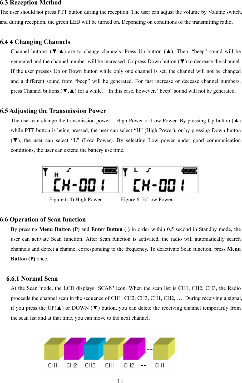  126.3 Reception Method The user should not press PTT button during the reception. The user can adjust the volume by Volume switch, and during reception, the green LED will be turned on. Depending on conditions of the transmitting radio,  6.4 4 Changing Channels Channel buttons (▼,▲) are to change channels. Press Up button (▲). Then, “beep” sound will be generated and the channel number will be increased. Or press Down button (▼) to decrease the channel. If the user presses Up or Down button while only one channel is set, the channel will not be changed and a different sound from “beep” will be generated. For fast increase or decease channel numbers, press Channel buttons (▼,▲) for a while.    In this case, however, “beep” sound will not be generated.    6.5 Adjusting the Transmission Power The user can change the transmission power – High Power or Low Power. By pressing Up button (▲) while PTT button is being pressed, the user can select “H” (High Power), or by pressing Down button (▼), the user can select “L” (Low Power). By selecting Low power under good communication conditions, the user can extend the battery use time.       Figure 6-4) High Power       Figure 6-5) Low Power  6.6 Operation of Scan function By pressing Menu Button (P) and Enter Button ( ) in order within 0.5 second in Standby mode, the user can activate Scan function. After Scan function is activated, the radio will automatically search channels and detect a channel corresponding to the frequency. To deactivate Scan function, press Menu Button (P) once.    6.6.1 Normal Scan   At the Scan mode, the LCD displays ‘SCAN’ icon. When the scan list is CH1, CH2, CH3, the Radio proceeds the channel scan in the sequence of CH1, CH2, CH3, CH1, CH2, …. During receiving a signal, if you press the UP(▲) or DOWN (▼) button, you can delete the receiving channel temporarily from the scan list and at that time, you can move to the next channel.     