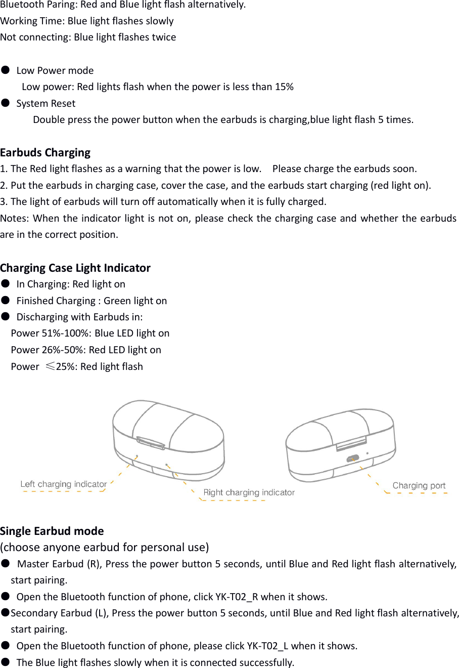 Bluetooth Paring: Red and Blue light flash alternatively.Working Time: Blue light flashes slowlyNot connecting: Blue light flashes twice●Low Power modeLow power: Red lights flash when the power is less than 15%●System ResetDouble press the power button when the earbuds is charging,blue light flash 5 times.Earbuds Charging1. The Red light flashes as a warning that the power is low. Please charge the earbuds soon.2. Put the earbuds in charging case, cover the case, and the earbuds start charging (red light on).3. The light of earbuds will turn off automatically when it is fully charged.Notes: When the indicator light is not on, please check the charging case and whether the earbudsare in the correct position.Charging Case Light Indicator●In Charging: Red light on●Finished Charging : Green light on●Discharging with Earbuds in:Power 51%-100%: Blue LED light onPower 26%-50%: Red LED light onPower &le;25%: Red light flashSingle Earbud mode(choose anyone earbud for personal use)●Master Earbud (R), Press the power button 5 seconds, until Blue and Red light flash alternatively,start pairing.●Open the Bluetooth function of phone, click YK-T02_R when it shows.●Secondary Earbud (L), Press the power button 5 seconds, until Blue and Red light flash alternatively,start pairing.●Open the Bluetooth function of phone, please click YK-T02_L when it shows.●The Blue light flashes slowly when it is connected successfully.