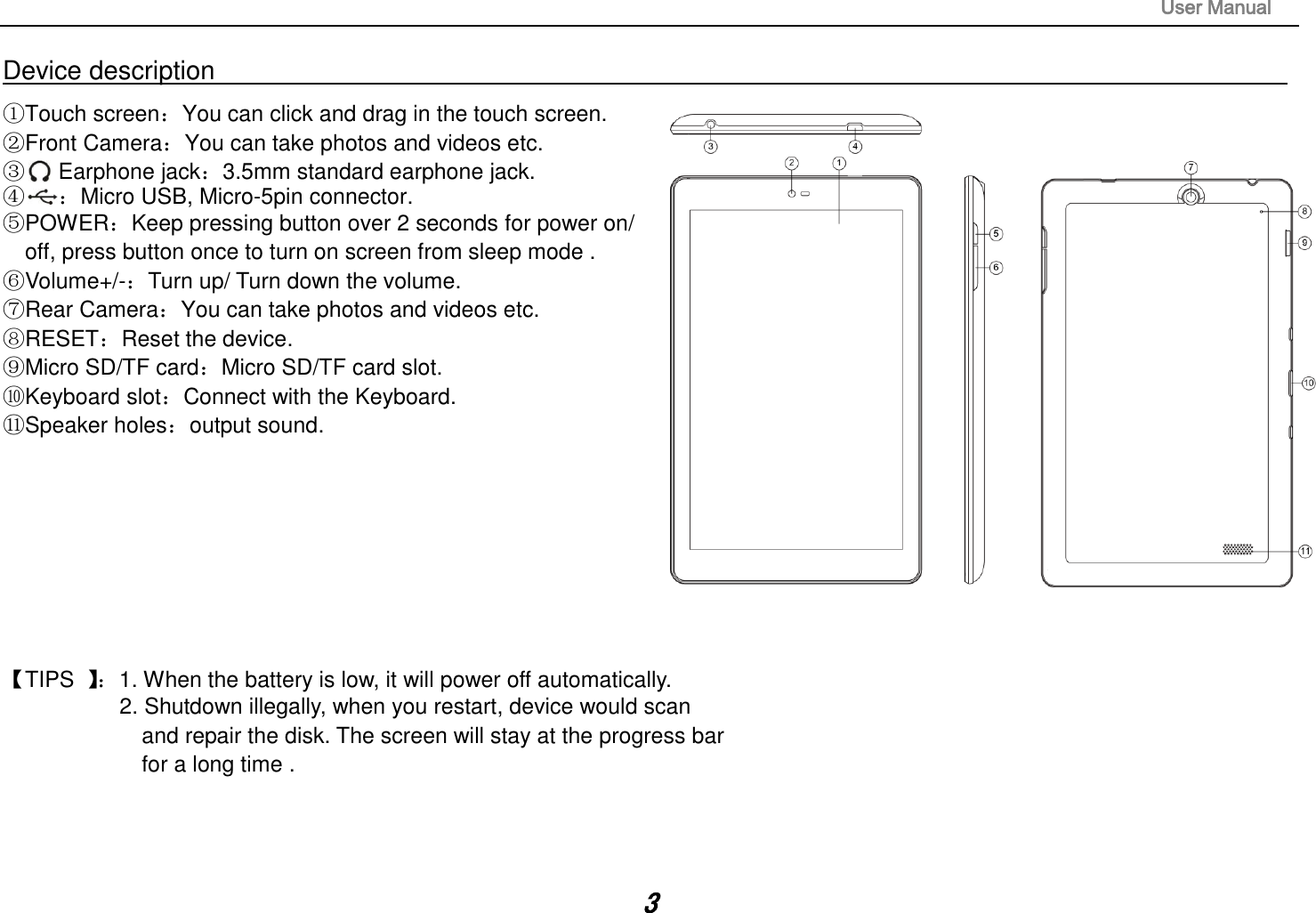                                                                                                                       User Manual 3 Device description                                                                                                                                                   ①Touch screen：You can click and drag in the touch screen. ②Front Camera：You can take photos and videos etc. ③   Earphone jack：3.5mm standard earphone jack. ④   ：Micro USB, Micro-5pin connector.  ⑤POWER：Keep pressing button over 2 seconds for power on/   off, press button once to turn on screen from sleep mode . ⑥Volume+/-：Turn up/ Turn down the volume. ⑦Rear Camera：You can take photos and videos etc.        ⑧RESET：Reset the device. ⑨Micro SD/TF card：Micro SD/TF card slot.     ⑩Keyboard slot：Connect with the Keyboard. ⑪Speaker holes：output sound.          【TIPS  】：1. When the battery is low, it will power off automatically. 2. Shutdown illegally, when you restart, device would scan   and repair the disk. The screen will stay at the progress bar   for a long time .   