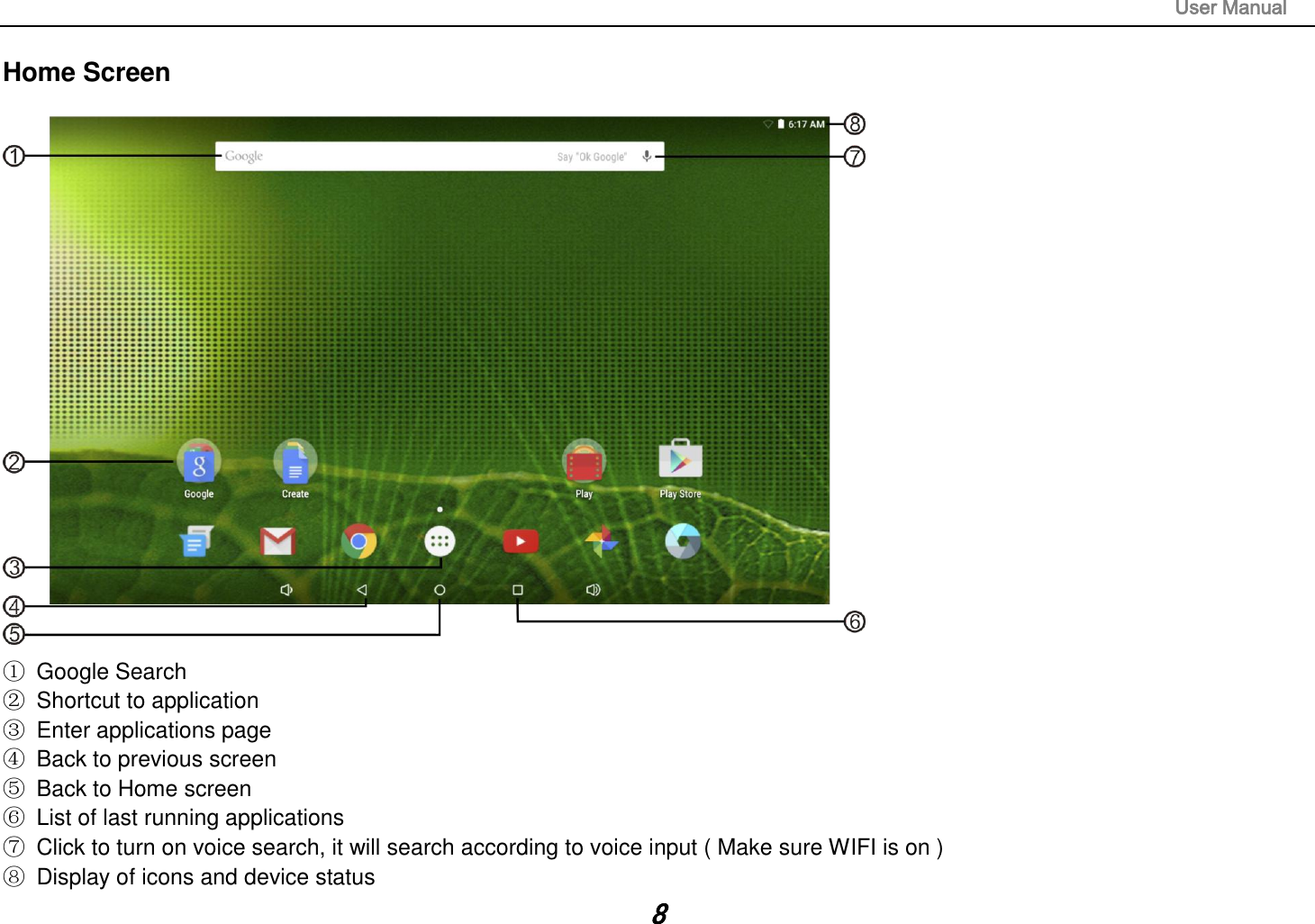                                                                                                                       User Manual 8 Home Screen  ①  Google Search ②  Shortcut to application ③  Enter applications page ④  Back to previous screen ⑤  Back to Home screen ⑥  List of last running applications ⑦  Click to turn on voice search, it will search according to voice input ( Make sure WIFI is on ) ⑧  Display of icons and device status 