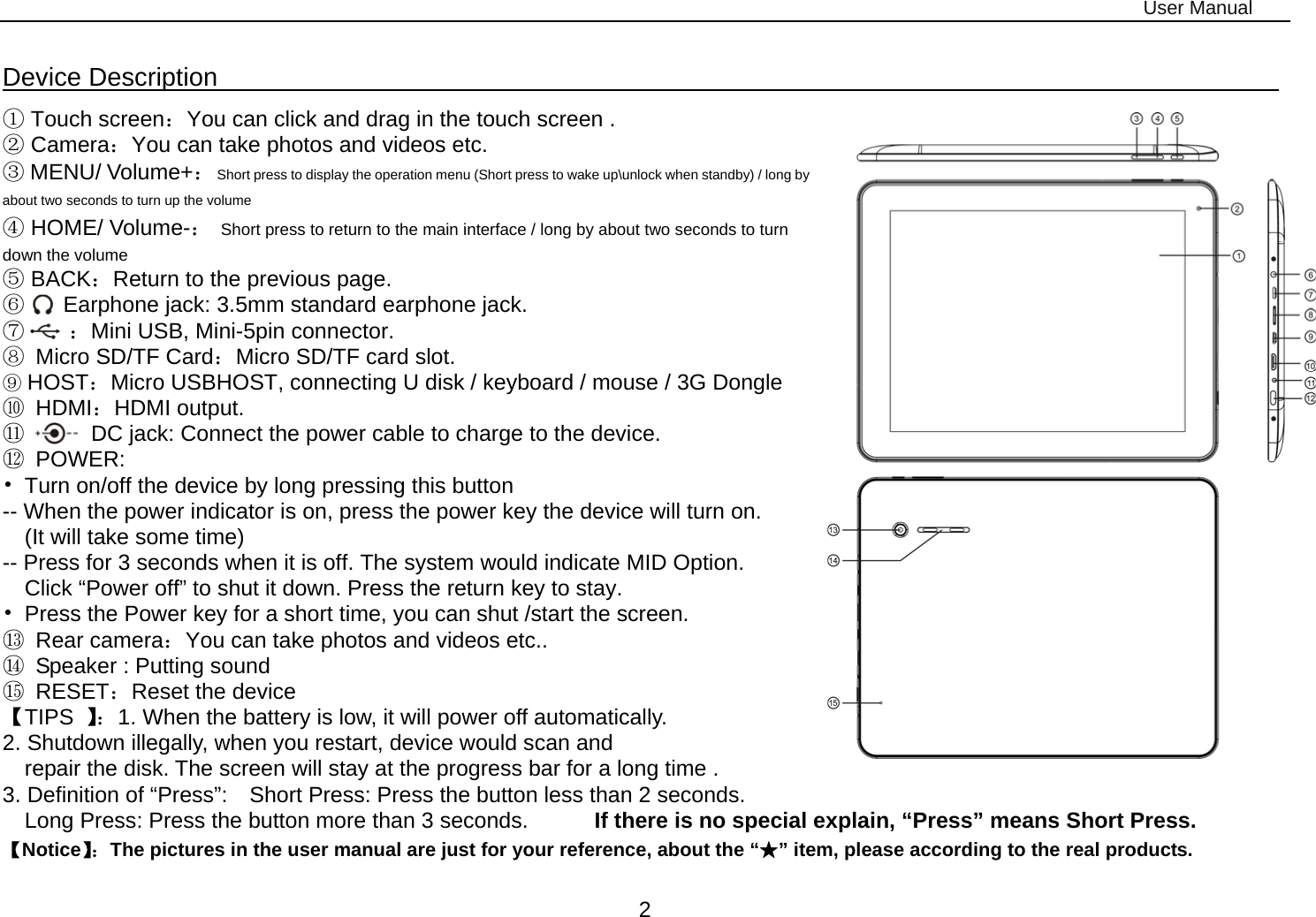 User Manual 2 Device Description                                                                                ① Touch screen：You can click and drag in the touch screen . ② Camera：You can take photos and videos etc. ③ MENU/ Volume+：  Short press to display the operation menu (Short press to wake up\unlock when standby) / long by about two seconds to turn up the volume ④ HOME/ Volume-：  Short press to return to the main interface / long by about two seconds to turn down the volume ⑤ BACK：Return to the previous page. ⑥    Earphone jack: 3.5mm standard earphone jack.      ⑦    ：Mini USB, Mini-5pin connector.   ⑧ Micro SD/TF Card：Micro SD/TF card slot.   ⑨ HOST：Micro USBHOST, connecting U disk / keyboard / mouse / 3G Dongle ⑩ HDMI：HDMI output.   ⑪      DC jack: Connect the power cable to charge to the device. ⑫ POWER: •  Turn on/off the device by long pressing this button -- When the power indicator is on, press the power key the device will turn on.   (It will take some time) -- Press for 3 seconds when it is off. The system would indicate MID Option.       Click “Power off” to shut it down. Press the return key to stay.                                 •  Press the Power key for a short time, you can shut /start the screen. ⑬ Rear camera：You can take photos and videos etc.. ⑭ Speaker : Putting sound   ⑮ RESET：Reset the device   【TIPS  】：1. When the battery is low, it will power off automatically. 2. Shutdown illegally, when you restart, device would scan and   repair the disk. The screen will stay at the progress bar for a long time . 3. Definition of “Press”:    Short Press: Press the button less than 2 seconds.        Long Press: Press the button more than 3 seconds.      If there is no special explain, “Press” means Short Press. 【Notice】：The pictures in the user manual are just for your reference, about the “★” item, please according to the real products. 