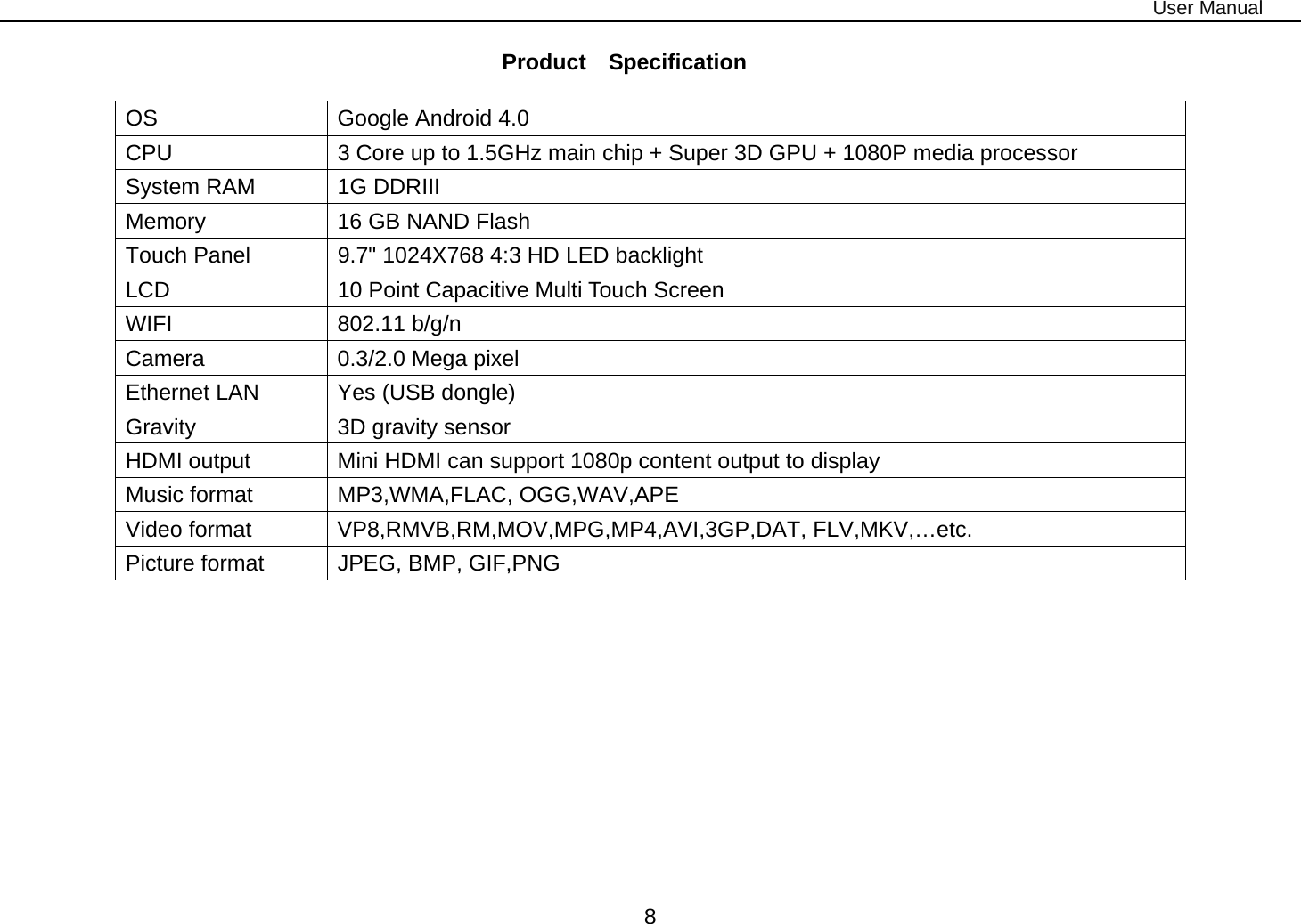User Manual 8 Product  Specification  OS  Google Android 4.0 CPU  3 Core up to 1.5GHz main chip + Super 3D GPU + 1080P media processor   System RAM  1G DDRIII   Memory  16 GB NAND Flash   Touch Panel  9.7&quot; 1024X768 4:3 HD LED backlight LCD  10 Point Capacitive Multi Touch Screen WIFI 802.11 b/g/n Camera  0.3/2.0 Mega pixel Ethernet LAN  Yes (USB dongle) Gravity  3D gravity sensor HDMI output  Mini HDMI can support 1080p content output to display Music format  MP3,WMA,FLAC, OGG,WAV,APE Video format  VP8,RMVB,RM,MOV,MPG,MP4,AVI,3GP,DAT, FLV,MKV,…etc. Picture format  JPEG, BMP, GIF,PNG  
