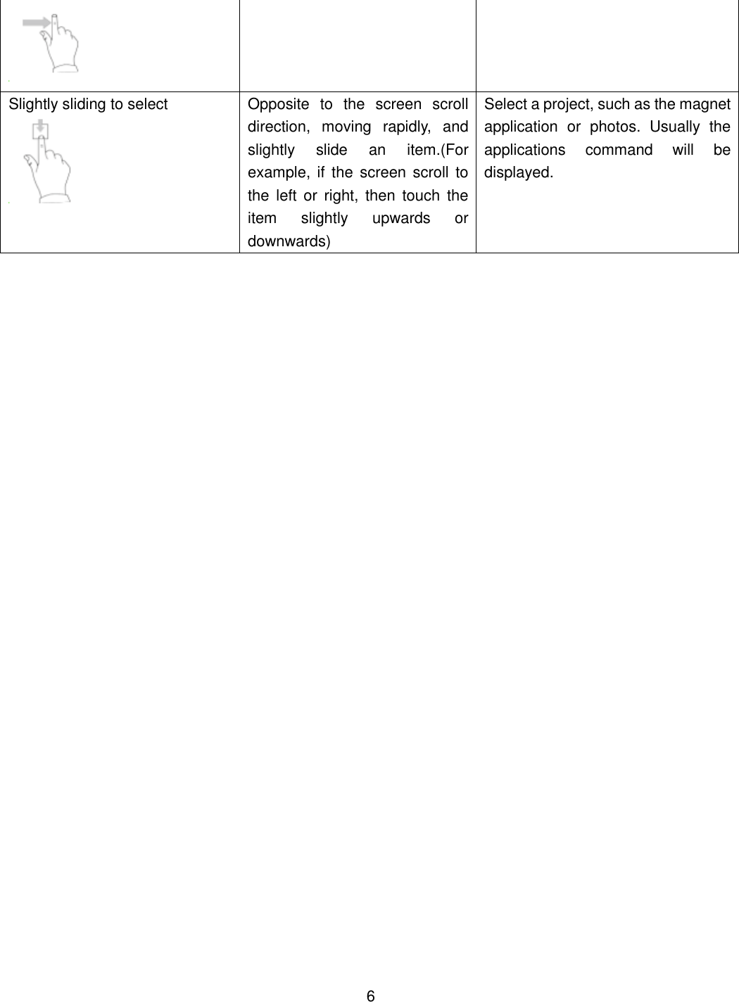  Slightly sliding to select  Opposite  to  the  screen  scroll direction,  moving  rapidly,  and slightly  slide  an  item.(For example, if  the  screen  scroll  to the  left or  right, then  touch  the item  slightly  upwards  or downwards) Select a project, such as the magnet application  or  photos.  Usually  the applications  command  will  be displayed.                                   6 