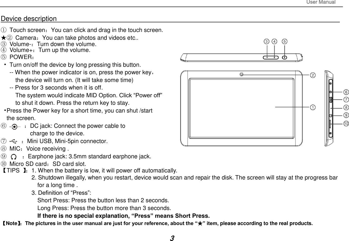                                                                                                                       User Manual 3 Device description                                                                                                                                                   ①  Touch screen：You can click and drag in the touch screen. ★②  Camera：You can take photos and videos etc.. ③  Volume-：Turn down the volume. ④  Volume+：Turn up the volume. ⑤  POWER： •  Turn on/off the device by long pressing this button. -- When the power indicator is on, press the power key，   the device will turn on. (It will take some time) -- Press for 3 seconds when it is off.   The system would indicate MID Option. Click “Power off”   to shut it down. Press the return key to stay.                            •Press the Power key for a short time, you can shut /start   the screen. ⑥      ：DC jack: Connect the power cable to   charge to the device. ⑦     ：Mini USB, Mini-5pin connector.                   ⑧  MIC：Voice receiving .                                            ⑨      ：Earphone jack: 3.5mm standard earphone jack. ⑩  Micro SD card：SD card slot. 【TIPS  】：1. When the battery is low, it will power off automatically. 2. Shutdown illegally, when you restart, device would scan and repair the disk. The screen will stay at the progress bar   for a long time . 3. Definition of “Press”:   Short Press: Press the button less than 2 seconds. Long Press: Press the button more than 3 seconds.                   If there is no special explanation, “Press” means Short Press. 【Note】： The pictures in the user manual are just for your reference, about the “★” item, please according to the real products. 