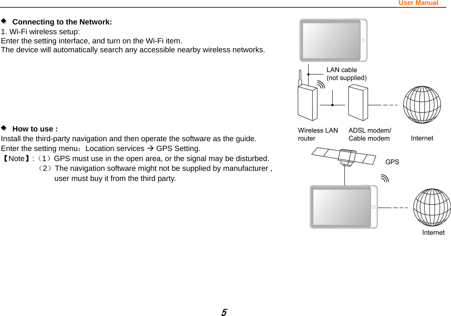                                                                                                                       User Manual 5    Connecting to the Network:  1. Wi-Fi wireless setup:   Enter the setting interface, and turn on the Wi-Fi item.  The device will automatically search any accessible nearby wireless networks.            How to use :  Install the third-party navigation and then operate the software as the guide.   Enter the setting menu：Location services Æ GPS Setting. 【Note】:（1）GPS must use in the open area, or the signal may be disturbed.          （2）The navigation software might not be supplied by manufacturer , user must buy it from the third party.             