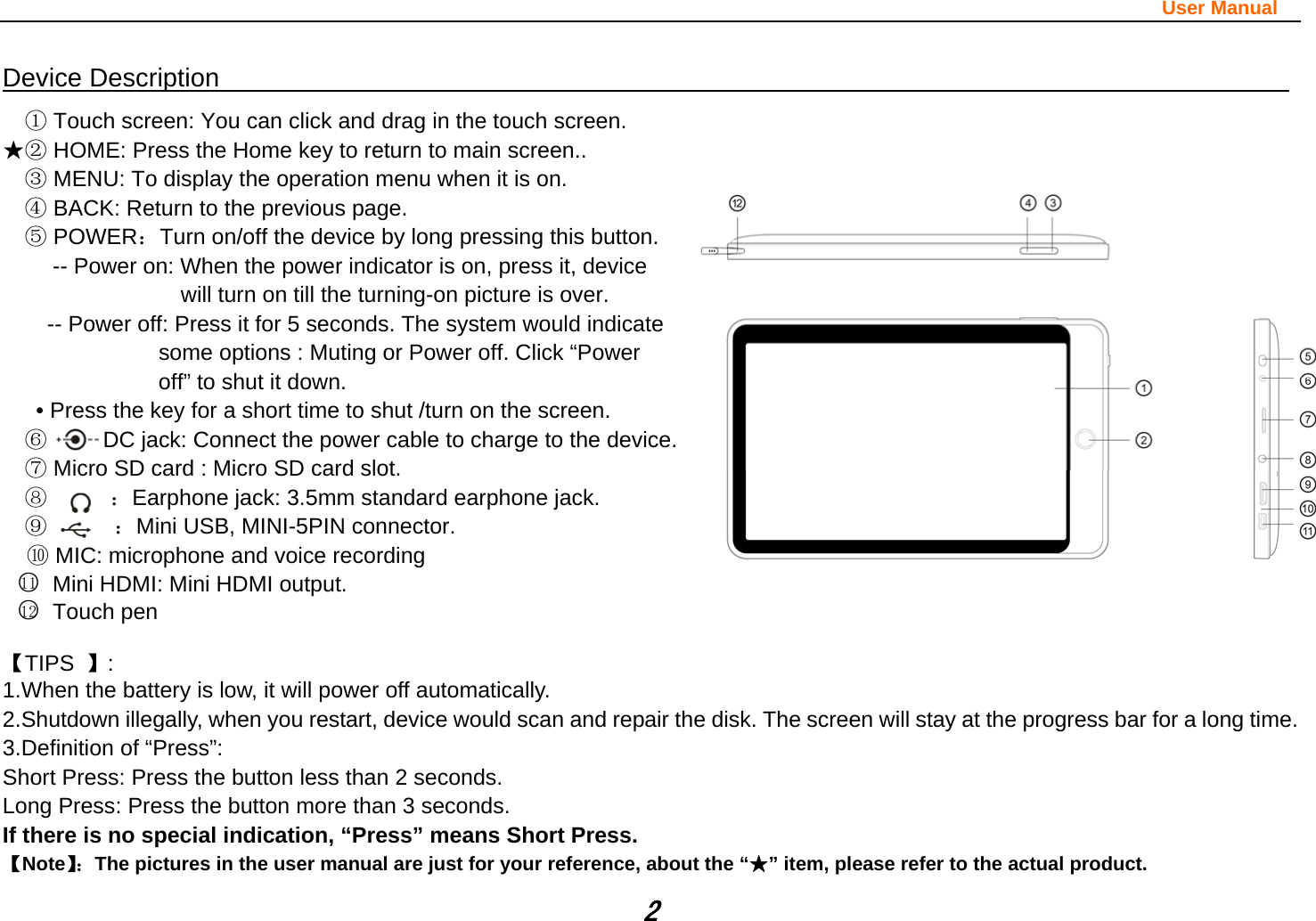                                                                                                                       User Manual 2 Device Description                                                                                ① Touch screen: You can click and drag in the touch screen. ★② HOME: Press the Home key to return to main screen..  MENU: To display the operation menu when it is on.③  BACK: Return to the previous page.④ ⑤ POWER：Turn on/off the device by long pressing this button. -- Power on: When the power indicator is on, press it, device       will turn on till the turning-on picture is over. -- Power off: Press it for 5 seconds. The system would indicate         some options : Muting or Power off. Click “Power   off” to shut it down.     • Press the key for a short time to shut /turn on the screen.             DC jack: Connect the power cable to charge to the device.⑥  ⑦Micro SD card : Micro SD card slot.            ⑧    ：Earphone jack: 3.5mm standard earphone jack.                                        ⑨      ：Mini USB, MINI-5PIN connector.   ⑩ MIC: microphone and voice recording  ○11   Mini HDMI: Mini HDMI output.      ○12  Touch pen  【TIPS  】:  1.When the battery is low, it will power off automatically. 2.Shutdown illegally, when you restart, device would scan and repair the disk. The screen will stay at the progress bar for a long time. 3.Definition of “Press”:   Short Press: Press the button less than 2 seconds. Long Press: Press the button more than 3 seconds.                If there is no special indication, “Press” means Short Press. 【Note】：The pictures in the user manual are just for your reference, about the “★” item, please refer to the actual product. 