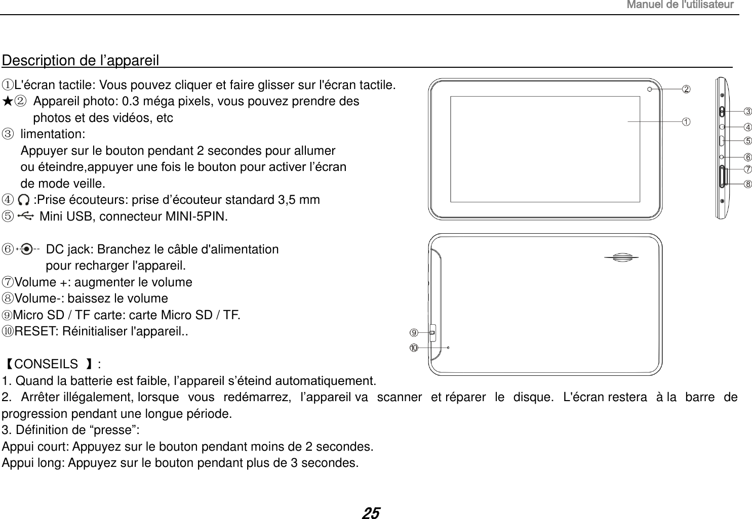 Manuel de l&apos;utilisateur 25 Description de l‟appareil                                                                            ①L&apos;écran tactile: Vous pouvez cliquer et faire glisser sur l&apos;écran tactile. ★②  Appareil photo: 0.3 méga pixels, vous pouvez prendre des   photos et des vidéos, etc ③  limentation:  Appuyer sur le bouton pendant 2 secondes pour allumer ou éteindre,appuyer une fois le bouton pour activer l‟écran   de mode veille. ④   :Prise écouteurs: prise d‟écouteur standard 3,5 mm   ⑤    Mini USB, connecteur MINI-5PIN.    ⑥     DC jack: Branchez le câble d&apos;alimentation  pour recharger l&apos;appareil.     ⑦Volume +: augmenter le volume       ⑧Volume-: baissez le volume      ⑨Micro SD / TF carte: carte Micro SD / TF.    ⑩RESET: Réinitialiser l&apos;appareil..                  【CONSEILS  】:   1. Quand la batterie est faible, l‟appareil s‟éteind automatiquement. 2.  Arrêter illégalement, lorsque  vous  redémarrez,  l‟appareil va  scanner  et réparer  le  disque.  L&apos;écran restera  à la  barre  de progression pendant une longue période. 3. Définition de “presse”:   Appui court: Appuyez sur le bouton pendant moins de 2 secondes. Appui long: Appuyez sur le bouton pendant plus de 3 secondes. 