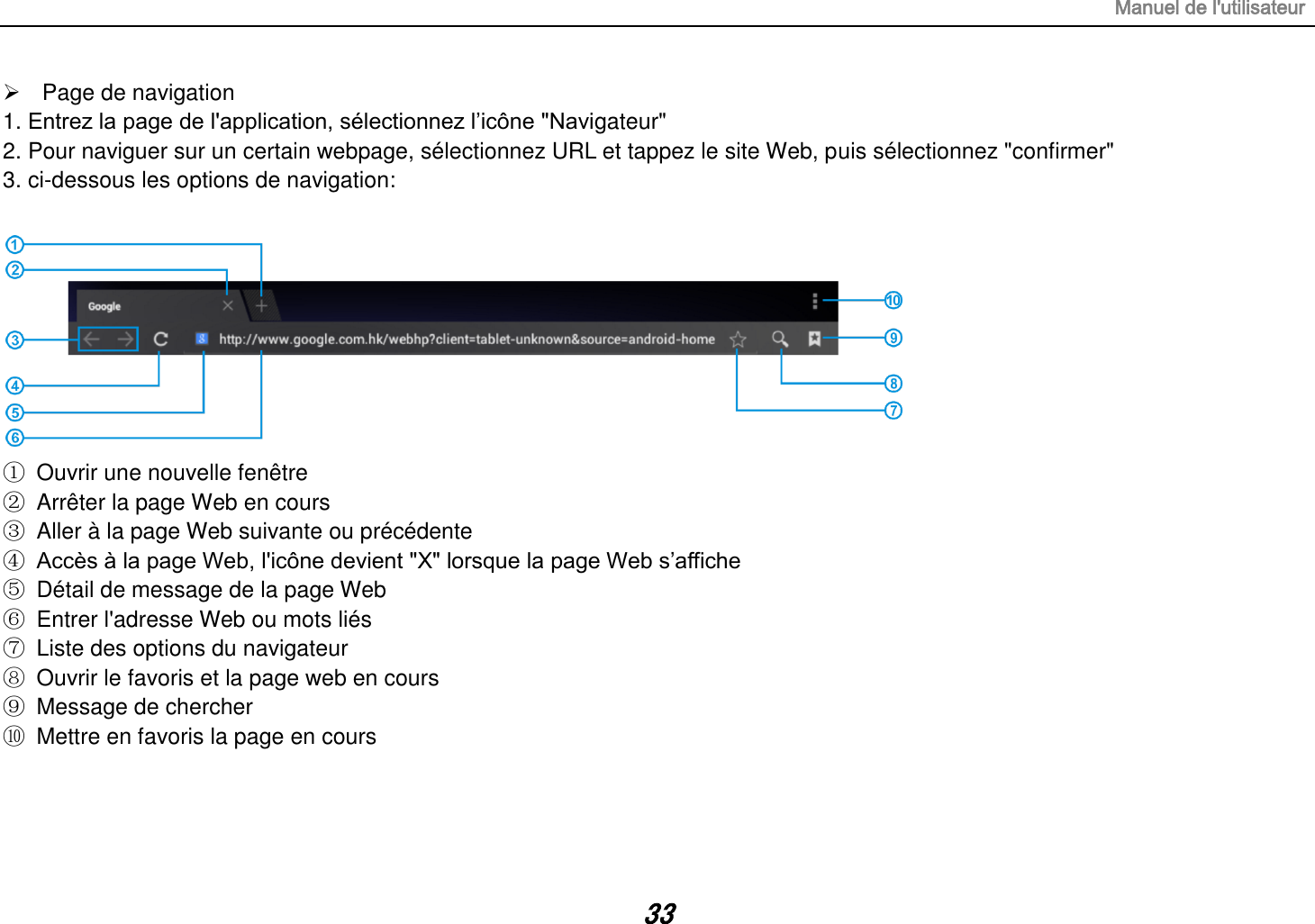 Manuel de l&apos;utilisateur 33   Page de navigation 1. Entrez la page de l&apos;application, sélectionnez l‟icône &quot;Navigateur&quot;   2. Pour naviguer sur un certain webpage, sélectionnez URL et tappez le site Web, puis sélectionnez &quot;confirmer&quot; 3. ci-dessous les options de navigation:   ①  Ouvrir une nouvelle fenêtre ②  Arrêter la page Web en cours ③  Aller à la page Web suivante ou précédente ④ Accès à la page Web, l&apos;icône devient &quot;X&quot; lorsque la page Web s‟affiche ⑤  Détail de message de la page Web ⑥  Entrer l&apos;adresse Web ou mots liés ⑦  Liste des options du navigateur   ⑧  Ouvrir le favoris et la page web en cours   ⑨  Message de chercher ⑩  Mettre en favoris la page en cours    