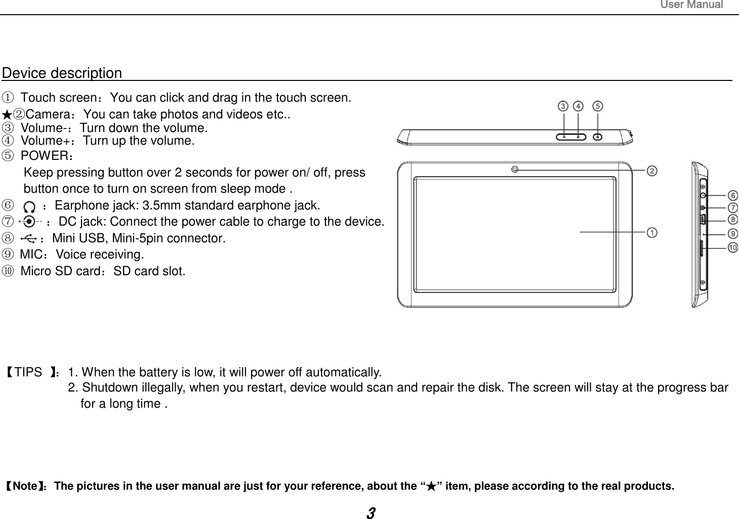                                                                                                                       User Manual 3  Device description                                                                                                                                                   ①  Touch screen：You can click and drag in the touch screen. ★②Camera：You can take photos and videos etc.. ③  Volume-：Turn down the volume. ④  Volume+：Turn up the volume. ⑤  POWER：   Keep pressing button over 2 seconds for power on/ off, press   button once to turn on screen from sleep mode . ⑥     ：Earphone jack: 3.5mm standard earphone jack. ⑦       ：DC jack: Connect the power cable to charge to the device.            ⑧    ：Mini USB, Mini-5pin connector.                                           ⑨ MIC：Voice receiving.    ⑩  Micro SD card：SD card slot.       【TIPS  】：1. When the battery is low, it will power off automatically. 2. Shutdown illegally, when you restart, device would scan and repair the disk. The screen will stay at the progress bar   for a long time .     【Note】： The pictures in the user manual are just for your reference, about the “★” item, please according to the real products. 