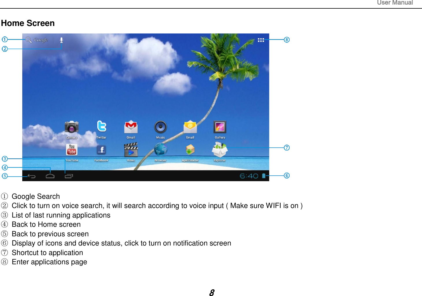                                                                                                                       User Manual 8 Home Screen   ①  Google Search ②  Click to turn on voice search, it will search according to voice input ( Make sure WIFI is on ) ③  List of last running applications ④  Back to Home screen ⑤  Back to previous screen ⑥  Display of icons and device status, click to turn on notification screen ⑦  Shortcut to application ⑧  Enter applications page   