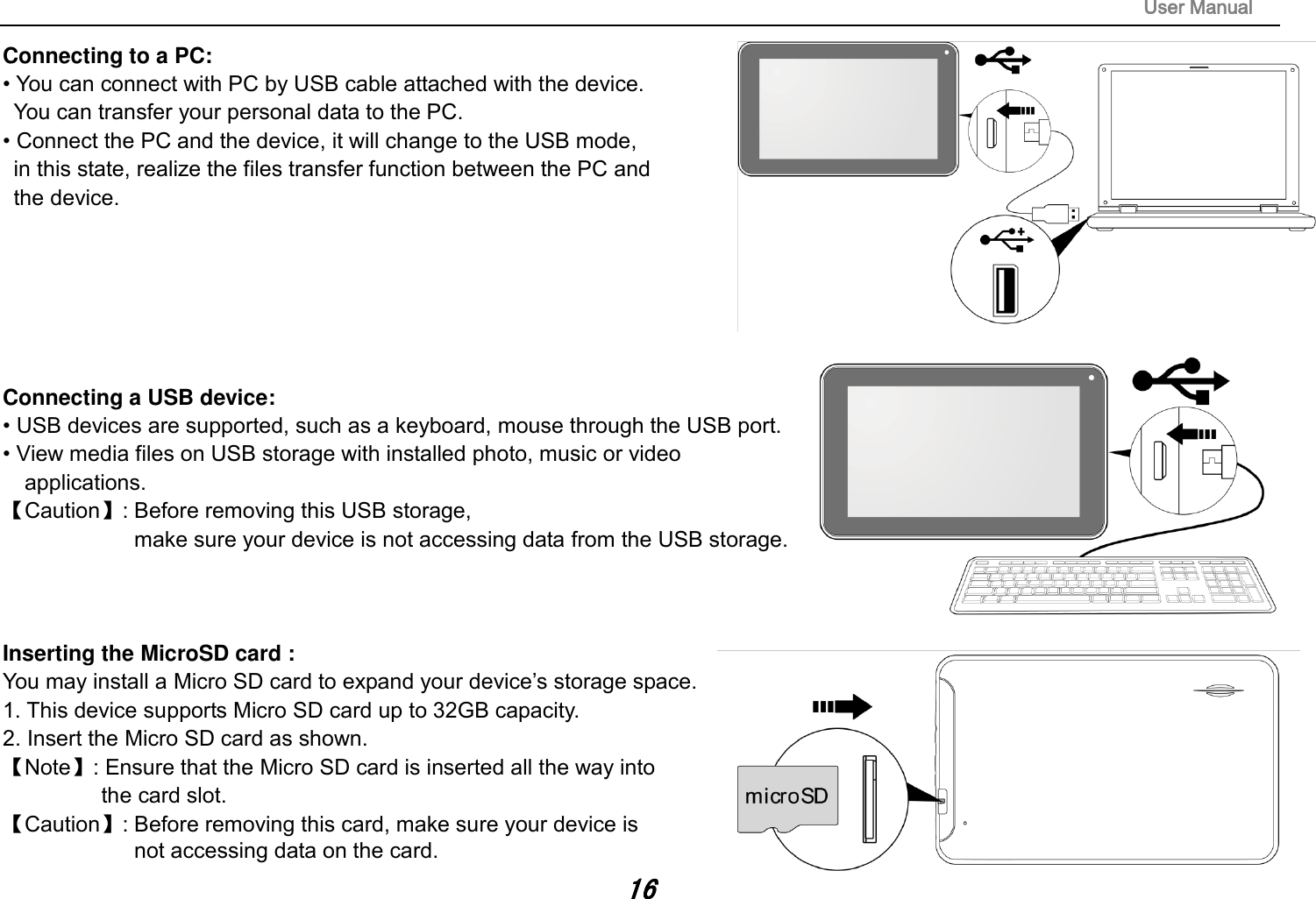                                                                                                                       User Manual 16 Connecting to a PC:   • You can connect with PC by USB cable attached with the device.   You can transfer your personal data to the PC.  • Connect the PC and the device, it will change to the USB mode,   in this state, realize the files transfer function between the PC and   the device.         Connecting a USB device:   • USB devices are supported, such as a keyboard, mouse through the USB port.   • View media files on USB storage with installed photo, music or video applications. 【Caution】: Before removing this USB storage,   make sure your device is not accessing data from the USB storage.    Inserting the MicroSD card :   You may install a Micro SD card to expand your device’s storage space. 1. This device supports Micro SD card up to 32GB capacity.   2. Insert the Micro SD card as shown. 【Note】: Ensure that the Micro SD card is inserted all the way into   the card slot. 【Caution】: Before removing this card, make sure your device is   not accessing data on the card.   