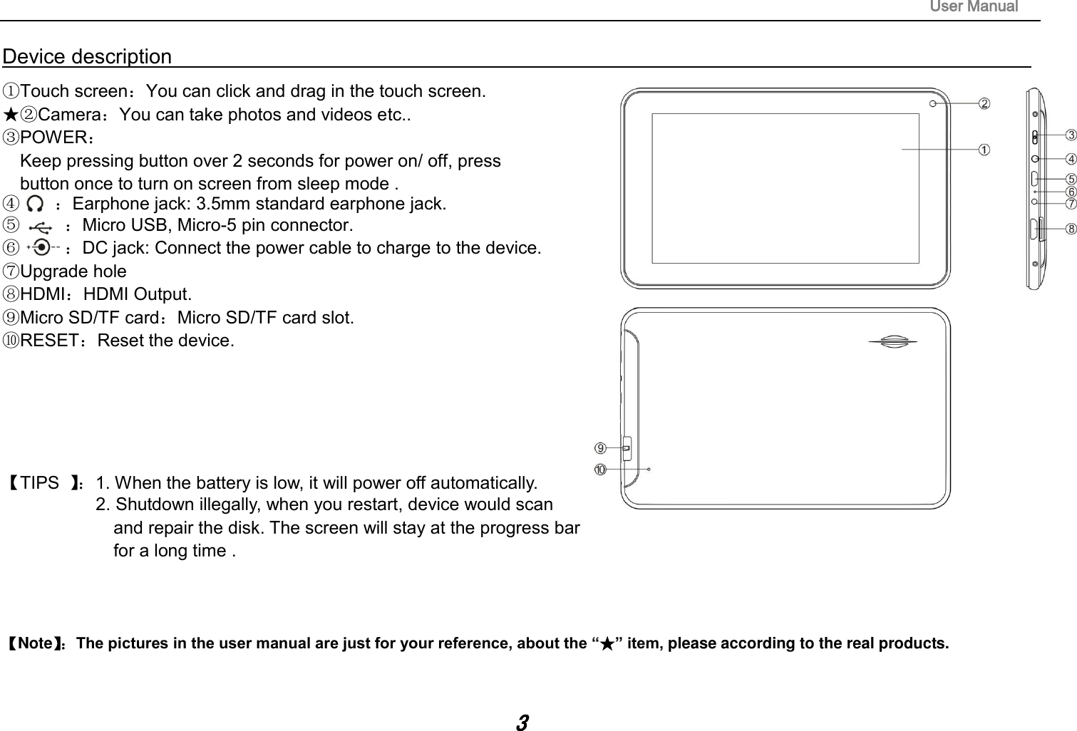                                                                                                                       User Manual 3 Device description                                                                                                                                                   ①Touch screen：You can click and drag in the touch screen. ★②Camera：You can take photos and videos etc.. ③POWER： Keep pressing button over 2 seconds for power on/ off, press   button once to turn on screen from sleep mode . ④    ：Earphone jack: 3.5mm standard earphone jack.   ⑤     ：Micro USB, Micro-5 pin connector.   ⑥     ：DC jack: Connect the power cable to charge to the device.   ⑦Upgrade hole               ⑧HDMI：HDMI Output.                                             ⑨Micro SD/TF card：Micro SD/TF card slot.     ⑩RESET：Reset the device.       【TIPS  】：1. When the battery is low, it will power off automatically. 2. Shutdown illegally, when you restart, device would scan   and repair the disk. The screen will stay at the progress bar   for a long time .    【Note】： The pictures in the user manual are just for your reference, about the “★” item, please according to the real products.   