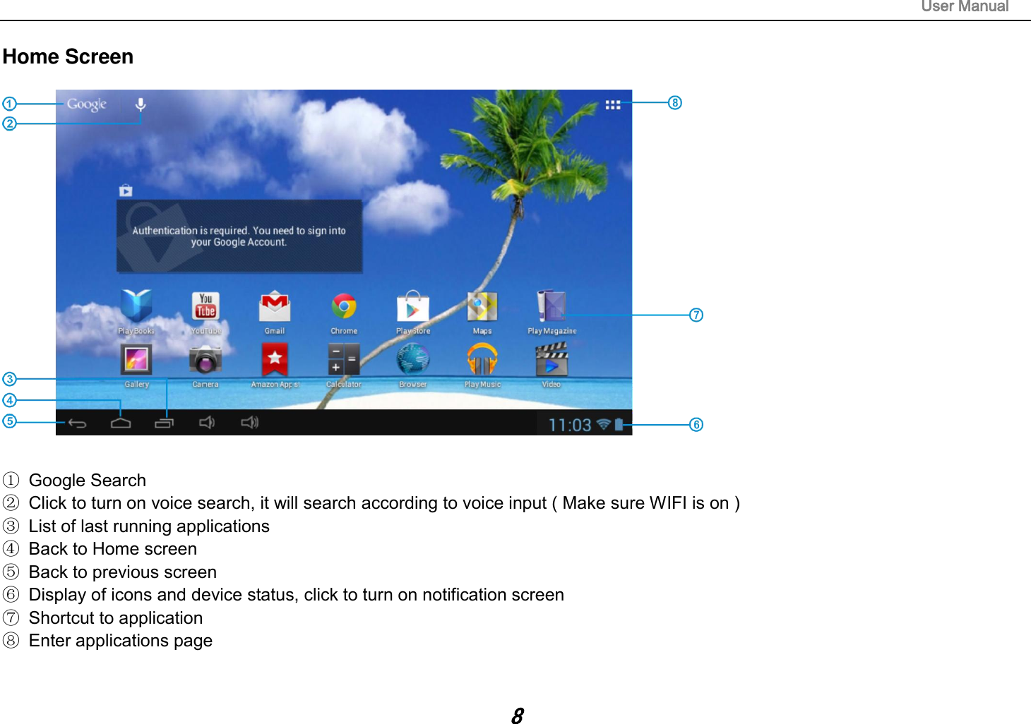                                                                                                                       User Manual 8 Home Screen   ①  Google Search ②  Click to turn on voice search, it will search according to voice input ( Make sure WIFI is on ) ③  List of last running applications ④  Back to Home screen ⑤  Back to previous screen ⑥  Display of icons and device status, click to turn on notification screen ⑦  Shortcut to application ⑧  Enter applications page   