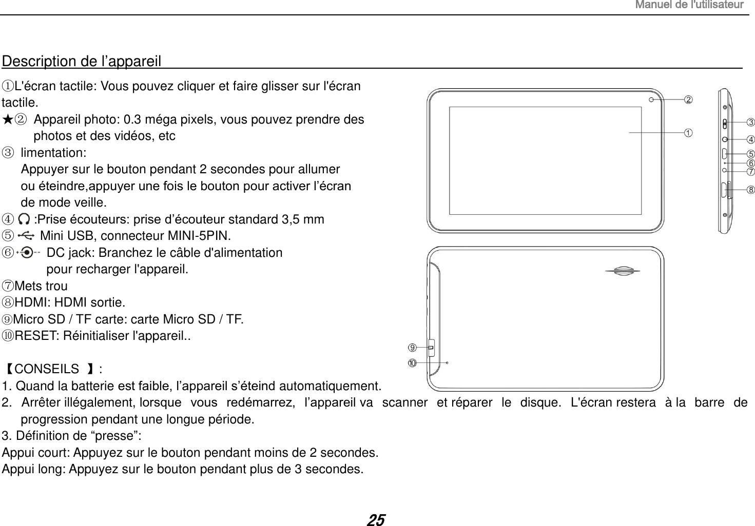 Manuel de l&apos;utilisateur 25 Description de l’appareil                                                                            ①L&apos;écran tactile: Vous pouvez cliquer et faire glisser sur l&apos;écran tactile. ★②  Appareil photo: 0.3 méga pixels, vous pouvez prendre des   photos et des vidéos, etc ③  limentation:  Appuyer sur le bouton pendant 2 secondes pour allumer ou éteindre,appuyer une fois le bouton pour activer l’écran   de mode veille. ④   :Prise écouteurs: prise d’écouteur standard 3,5 mm   ⑤    Mini USB, connecteur MINI-5PIN.   ⑥     DC jack: Branchez le câble d&apos;alimentation  pour recharger l&apos;appareil.     ⑦Mets trou      ⑧HDMI: HDMI sortie.      ⑨Micro SD / TF carte: carte Micro SD / TF.    ⑩RESET: Réinitialiser l&apos;appareil..                  【CONSEILS  】:   1. Quand la batterie est faible, l’appareil s’éteind automatiquement. 2.  Arrêter illégalement, lorsque  vous  redémarrez,  l’appareil va  scanner  et réparer  le  disque.  L&apos;écran restera  à la  barre  de progression pendant une longue période. 3. Définition de “presse”:   Appui court: Appuyez sur le bouton pendant moins de 2 secondes. Appui long: Appuyez sur le bouton pendant plus de 3 secondes. 