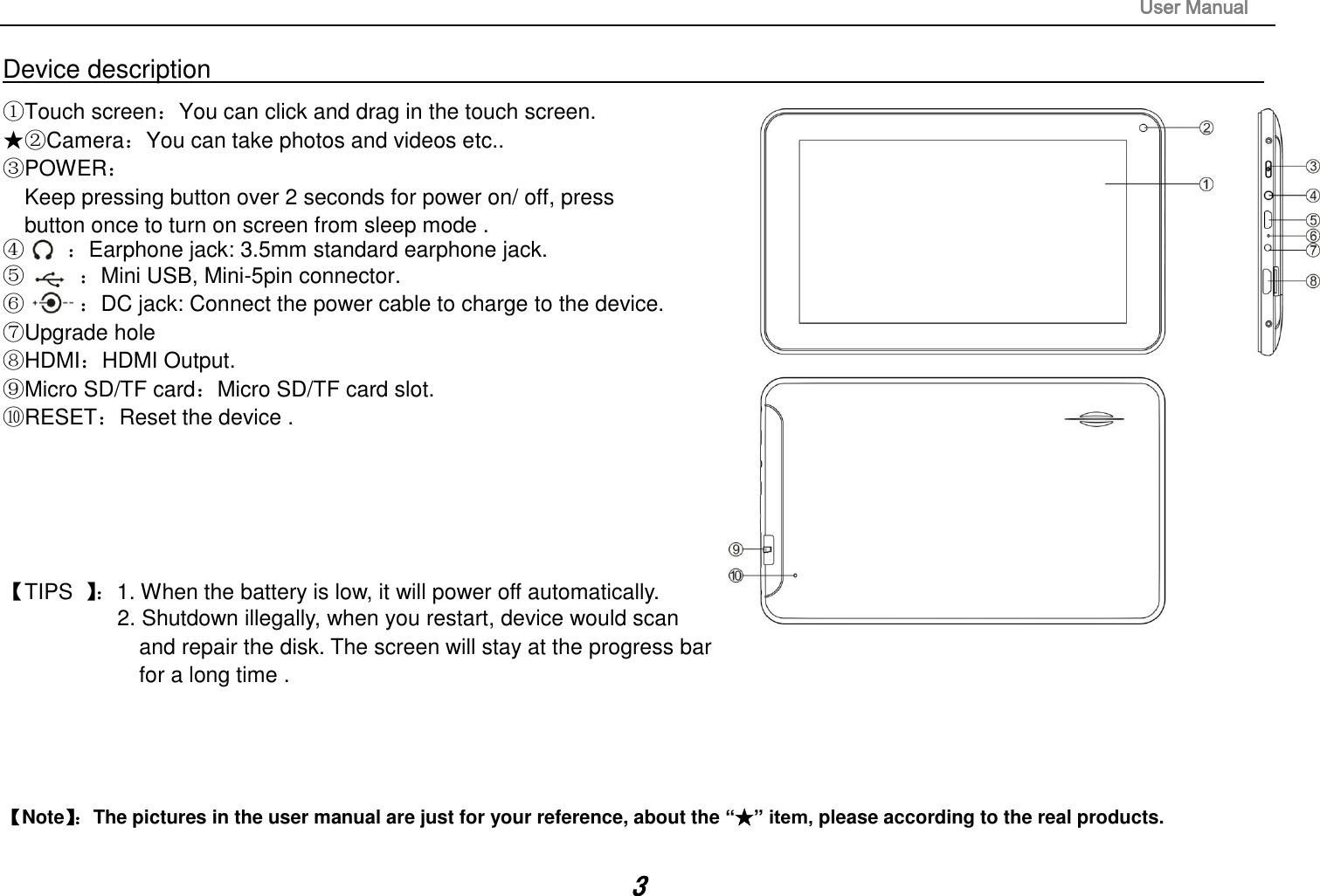                                                                                                                       User Manual 3 Device description                                                                                                                                                   ①Touch screen：You can click and drag in the touch screen. ★②Camera：You can take photos and videos etc.. ③POWER： Keep pressing button over 2 seconds for power on/ off, press   button once to turn on screen from sleep mode . ④    ：Earphone jack: 3.5mm standard earphone jack.   ⑤     ：Mini USB, Mini-5pin connector.   ⑥     ：DC jack: Connect the power cable to charge to the device.   ⑦Upgrade hole               ⑧HDMI：HDMI Output.                                             ⑨Micro SD/TF card：Micro SD/TF card slot.     ⑩RESET：Reset the device .       【TIPS  】：1. When the battery is low, it will power off automatically. 2. Shutdown illegally, when you restart, device would scan   and repair the disk. The screen will stay at the progress bar   for a long time .     【Note】： The pictures in the user manual are just for your reference, about the “★” item, please according to the real products.  