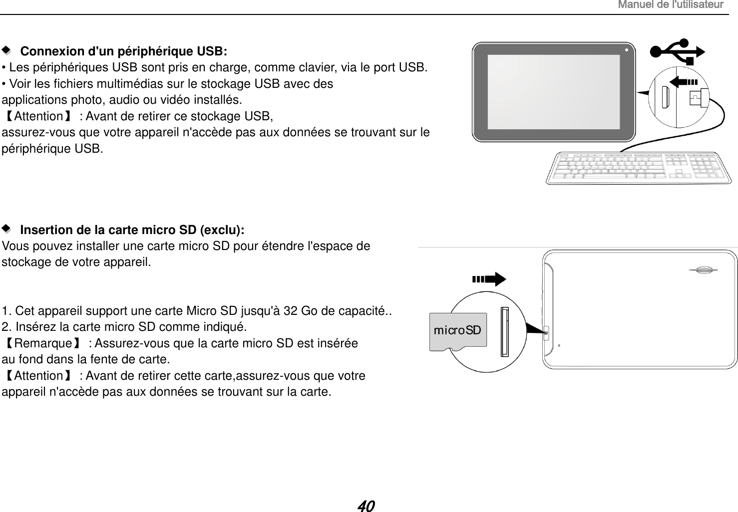 Manuel de l&apos;utilisateur 40    Connexion d&apos;un périphérique USB:   • Les périphériques USB sont pris en charge, comme clavier, via le port USB. • Voir les fichiers multimédias sur le stockage USB avec des applications photo, audio ou vidéo installés. 【Attention】 : Avant de retirer ce stockage USB, assurez-vous que votre appareil n&apos;accède pas aux données se trouvant sur le périphérique USB.        Insertion de la carte micro SD (exclu):   Vous pouvez installer une carte micro SD pour étendre l&apos;espace de   stockage de votre appareil.   1. Cet appareil support une carte Micro SD jusqu&apos;à 32 Go de capacité.. 2. Insérez la carte micro SD comme indiqué. 【Remarque】 : Assurez-vous que la carte micro SD est insérée  au fond dans la fente de carte. 【Attention】 : Avant de retirer cette carte,assurez-vous que votre   appareil n&apos;accède pas aux données se trouvant sur la carte.      