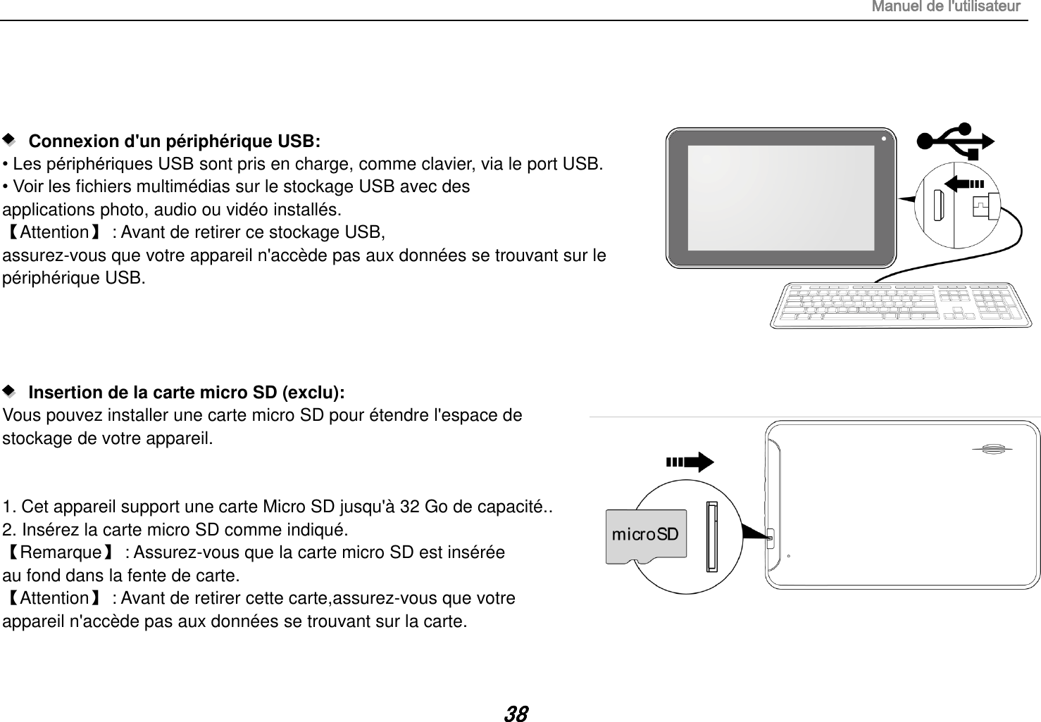 Manuel de l&apos;utilisateur 38       Connexion d&apos;un périphérique USB:   • Les périphériques USB sont pris en charge, comme clavier, via le port USB. • Voir les fichiers multimédias sur le stockage USB avec des applications photo, audio ou vidéo installés. 【Attention】 : Avant de retirer ce stockage USB, assurez-vous que votre appareil n&apos;accède pas aux données se trouvant sur le périphérique USB.        Insertion de la carte micro SD (exclu):   Vous pouvez installer une carte micro SD pour étendre l&apos;espace de   stockage de votre appareil.   1. Cet appareil support une carte Micro SD jusqu&apos;à 32 Go de capacité.. 2. Insérez la carte micro SD comme indiqué. 【Remarque】 : Assurez-vous que la carte micro SD est insérée  au fond dans la fente de carte. 【Attention】 : Avant de retirer cette carte,assurez-vous que votre   appareil n&apos;accède pas aux données se trouvant sur la carte.  