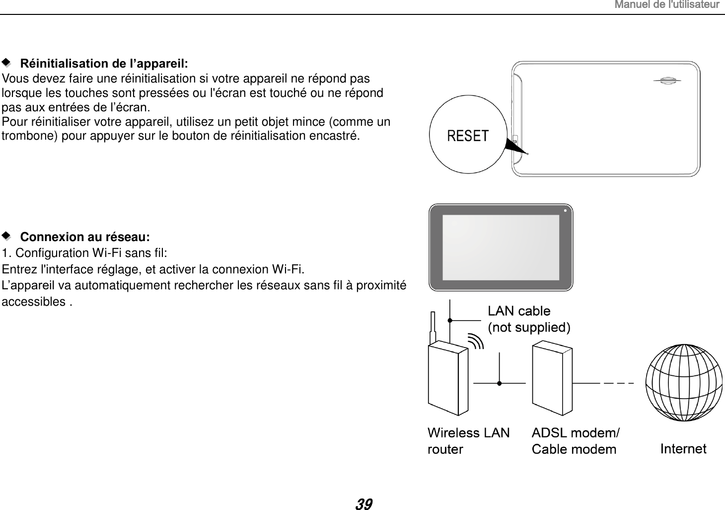 Manuel de l&apos;utilisateur 39     Réinitialisation de l’appareil:   Vous devez faire une réinitialisation si votre appareil ne répond pas lorsque les touches sont pressées ou l&apos;écran est touché ou ne répond pas aux entrées de l’écran. Pour réinitialiser votre appareil, utilisez un petit objet mince (comme un trombone) pour appuyer sur le bouton de réinitialisation encastré.          Connexion au réseau:   1. Configuration Wi-Fi sans fil: Entrez l&apos;interface réglage, et activer la connexion Wi-Fi. L’appareil va automatiquement rechercher les réseaux sans fil à proximité accessibles .           