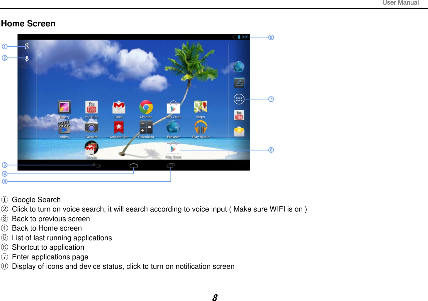                                                                                                                       User Manual 8 Home Screen   ①  Google Search ②  Click to turn on voice search, it will search according to voice input ( Make sure WIFI is on ) ③  Back to previous screen ④  Back to Home screen ⑤  List of last running applications ⑥  Shortcut to application ⑦  Enter applications page ⑧  Display of icons and device status, click to turn on notification screen   