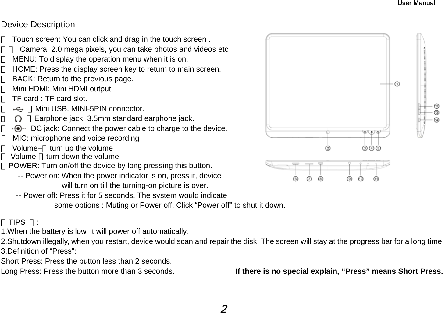                                                                                                                        User Manual 2 Device Description                                                                                ①  Touch screen: You can click and drag in the touch screen . ★②  Camera: 2.0 mega pixels, you can take photos and videos etc ③  MENU: To display the operation menu when it is on. ④  HOME: Press the display screen key to return to main screen. ⑤  BACK: Return to the previous page. ⑥  Mini HDMI: Mini HDMI output.   ⑦  TF card : TF card slot.                            ⑧     ：Mini USB, MINI-5PIN connector.                                      ⑨     ：Earphone jack: 3.5mm standard earphone jack.   ⑩      DC jack: Connect the power cable to charge to the device. ⑪  MIC: microphone and voice recording  ⑫ Volume+：turn up the volume ⑬ Volume-：turn down the volume ⑭POWER: Turn on/off the device by long pressing this button. -- Power on: When the power indicator is on, press it, device       will turn on till the turning-on picture is over. -- Power off: Press it for 5 seconds. The system would indicate         some options : Muting or Power off. Click “Power off” to shut it down.      【TIPS  】:  1.When the battery is low, it will power off automatically. 2.Shutdown illegally, when you restart, device would scan and repair the disk. The screen will stay at the progress bar for a long time. 3.Definition of “Press”:   Short Press: Press the button less than 2 seconds. Long Press: Press the button more than 3 seconds.                If there is no special explain, “Press” means Short Press.  