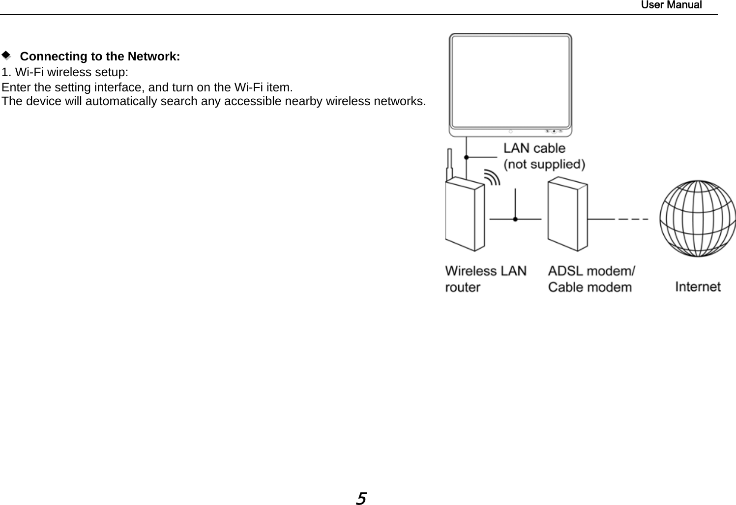                                                                                                                        User Manual 5      Connecting to the Network:  1. Wi-Fi wireless setup:   Enter the setting interface, and turn on the Wi-Fi item.  The device will automatically search any accessible nearby wireless networks.                         