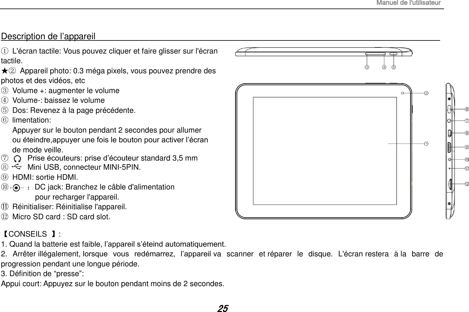 Manuel de l&apos;utilisateur 25 Description de l‟appareil                                                                            ①  L&apos;écran tactile: Vous pouvez cliquer et faire glisser sur l&apos;écran tactile. ★②  Appareil photo: 0.3 méga pixels, vous pouvez prendre des photos et des vidéos, etc ③  Volume +: augmenter le volume ④  Volume-: baissez le volume ⑤  Dos: Revenez à la page précédente. ⑥  limentation:  Appuyer sur le bouton pendant 2 secondes pour allumer ou éteindre,appuyer une fois le bouton pour activer l‟écran   de mode veille. ⑦     Prise écouteurs: prise d‟écouteur standard 3,5 mm      ⑧     Mini USB, connecteur MINI-5PIN.                                            ⑨ HDMI: sortie HDMI. ⑩     ：DC jack: Branchez le câble d&apos;alimentation  pour recharger l&apos;appareil.   ⑪  Réinitialiser: Réinitialise l&apos;appareil.   ⑫ Micro SD card : SD card slot.       【CONSEILS  】:   1. Quand la batterie est faible, l‟appareil s‟éteind automatiquement. 2.  Arrêter illégalement, lorsque  vous  redémarrez,  l‟appareil va  scanner  et réparer  le  disque.  L&apos;écran restera  à la  barre  de progression pendant une longue période. 3. Définition de “presse”:   Appui court: Appuyez sur le bouton pendant moins de 2 secondes. 