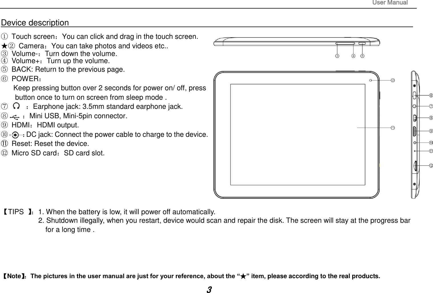                                                                                                                       User Manual 3 Device description                                                                                                                                                   ①  Touch screen：You can click and drag in the touch screen. ★②  Camera：You can take photos and videos etc.. ③  Volume-：Turn down the volume. ④  Volume+：Turn up the volume. ⑤  BACK: Return to the previous page. ⑥  POWER：   Keep pressing button over 2 seconds for power on/ off, press   button once to turn on screen from sleep mode . ⑦     ：Earphone jack: 3.5mm standard earphone jack.     ⑧    ：Mini USB, Mini-5pin connector.                                                 ⑨ HDMI：HDMI output.       ⑩    ：DC jack: Connect the power cable to charge to the device. ⑪  Reset: Reset the device. ⑫ Micro SD card：SD card slot.          【TIPS  】：1. When the battery is low, it will power off automatically. 2. Shutdown illegally, when you restart, device would scan and repair the disk. The screen will stay at the progress bar   for a long time .     【Note】： The pictures in the user manual are just for your reference, about the “★” item, please according to the real products. 