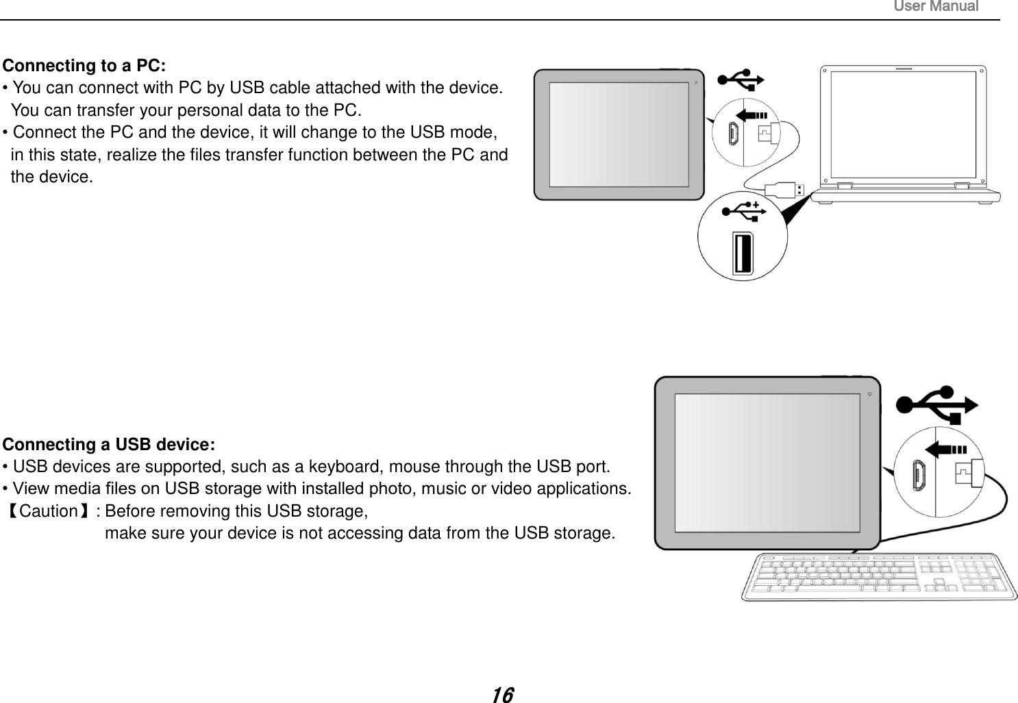                                                                                                                       User Manual 16  Connecting to a PC:   • You can connect with PC by USB cable attached with the device.   You can transfer your personal data to the PC.  • Connect the PC and the device, it will change to the USB mode,   in this state, realize the files transfer function between the PC and   the device.             Connecting a USB device:   • USB devices are supported, such as a keyboard, mouse through the USB port.   • View media files on USB storage with installed photo, music or video applications. 【Caution】: Before removing this USB storage,   make sure your device is not accessing data from the USB storage.       