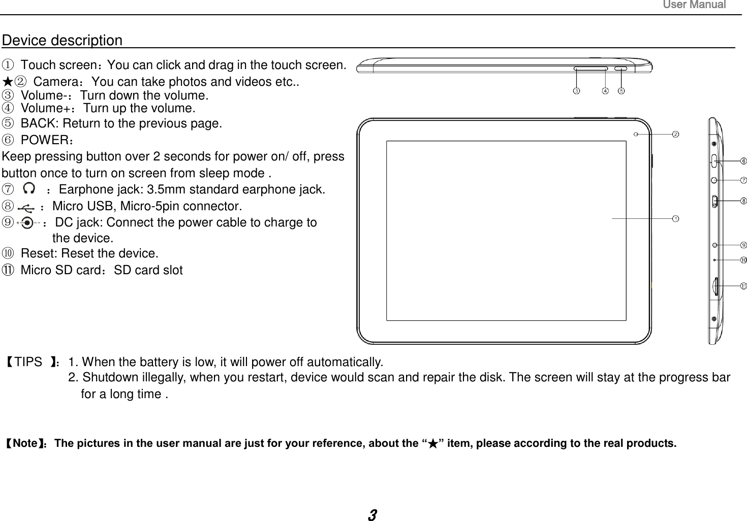                                                                                                                       User Manual 3 Device description                                                                                                                                                   ①  Touch screen：You can click and drag in the touch screen. ★②  Camera：You can take photos and videos etc.. ③  Volume-：Turn down the volume. ④  Volume+：Turn up the volume. ⑤  BACK: Return to the previous page. ⑥  POWER： Keep pressing button over 2 seconds for power on/ off, press   button once to turn on screen from sleep mode . ⑦     ：Earphone jack: 3.5mm standard earphone jack.   ⑧    ：Micro USB, Micro-5pin connector.                                                ⑨     ：DC jack: Connect the power cable to charge to   the device. ⑩ Reset: Reset the device.     ⑪  Micro SD card：SD card slot       【TIPS  】：1. When the battery is low, it will power off automatically. 2. Shutdown illegally, when you restart, device would scan and repair the disk. The screen will stay at the progress bar   for a long time .   【Note】： The pictures in the user manual are just for your reference, about the “★” item, please according to the real products.   