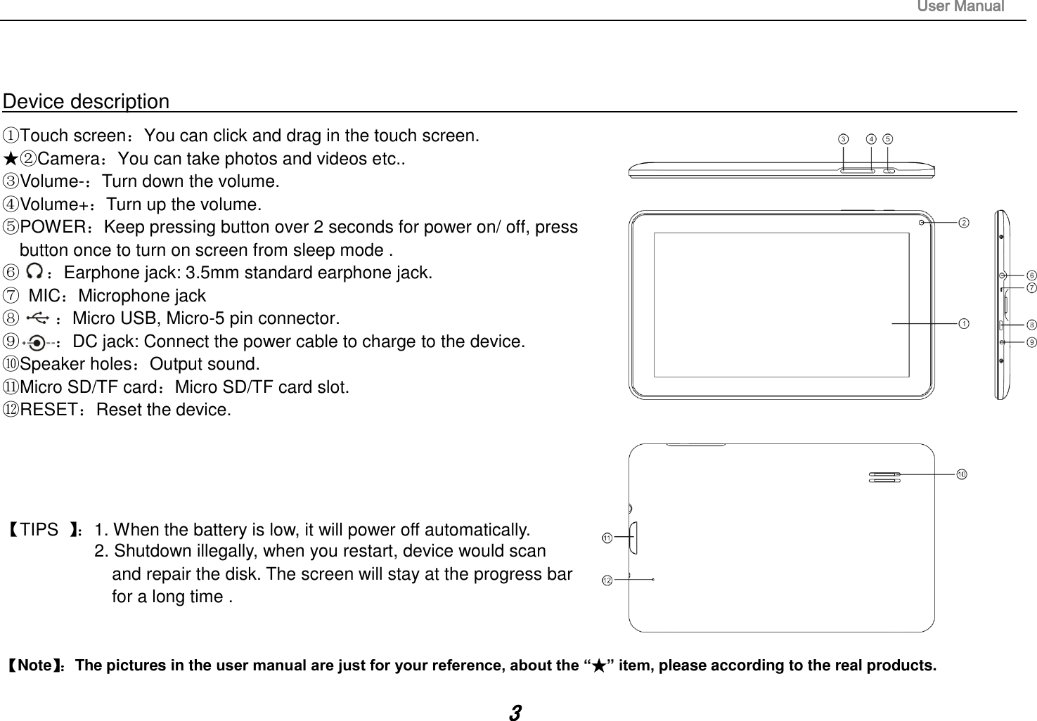                                                                                                                       User Manual 3  Device description                                                                                                                                                   ①Touch screen：You can click and drag in the touch screen. ★②Camera：You can take photos and videos etc.. ③Volume-：Turn down the volume.                 ④Volume+：Turn up the volume.   ⑤POWER：Keep pressing button over 2 seconds for power on/ off, press   button once to turn on screen from sleep mode . ⑥   ：Earphone jack: 3.5mm standard earphone jack.     ⑦  MIC：Microphone jack              ⑧    ：Micro USB, Micro-5 pin connector.   ⑨    ：DC jack: Connect the power cable to charge to the device. ⑩Speaker holes：Output sound. ⑪Micro SD/TF card：Micro SD/TF card slot. ⑫RESET：Reset the device.        【TIPS  】：1. When the battery is low, it will power off automatically. 2. Shutdown illegally, when you restart, device would scan   and repair the disk. The screen will stay at the progress bar   for a long time .   【Note】： The pictures in the user manual are just for your reference, about the “★” item, please according to the real products.  