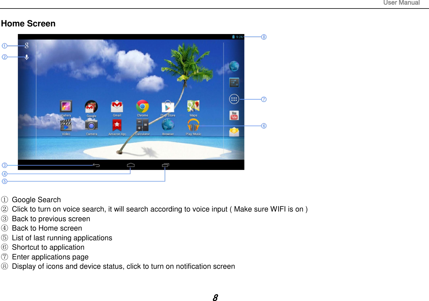                                                                                                                       User Manual 8 Home Screen   ①  Google Search ②  Click to turn on voice search, it will search according to voice input ( Make sure WIFI is on ) ③  Back to previous screen ④  Back to Home screen ⑤  List of last running applications ⑥  Shortcut to application ⑦  Enter applications page ⑧  Display of icons and device status, click to turn on notification screen   