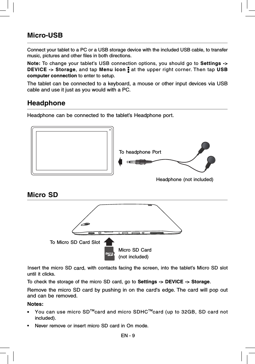 EN - 9Connect your tablet to a PC or a USB storage device with the included USB cable, to transfer music, pictures and other files in both directions.Note: To change your tablet’s USB connection options, you should go to Settings -&gt; DEVICE -&gt; Storage, and tap Menu icon   at the upper right corner. Then tap USB computer connection to enter to setup.The tablet can be connected to a keyboard, a mouse or other input devices via USB cable and use it just as you would with a PC.Micro-USB  Headphone  Headphone can be connected to the tablet’s Headphone port.Headphone (not included)  To headphone Port Micro SD  Insert the micro SD card, with contacts facing the screen, into the tablet’s Micro SD slot until it clicks. To check the storage of the micro SD card, go to Settings -&gt; DEVICE -&gt; Storage.Remove the micro SD card by pushing in on the card&apos;s edge. The card will pop out and can be removed.Notes:•  You can use micro SDTMcard and micro SDHCTMcard (up to 32GB, SD card not included). •  Never remove or insert micro SD card in On mode.Micro SD Card (not included)  To Micro SD Card Slot