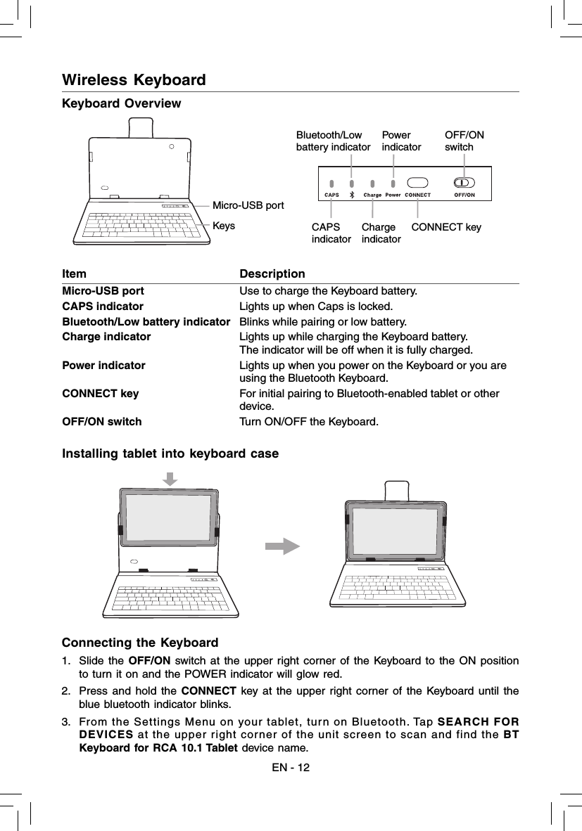 EN - 12Wireless Keyboard  Installing tablet into keyboard caseKeyboard OverviewMicro-USB portKeysBluetooth/Low battery indicatorPower indicatorOFF/ONswitchCAPS indicatorCharge indicatorCONNECT keyItem                            DescriptionMicro-USB port        Use to charge the Keyboard battery.CAPS indicator      Lights up when Caps is locked.Bluetooth/Low battery indicator  Blinks while pairing or low battery.Charge indicator  Lights up while charging the Keyboard battery.    The indicator will be off when it is fully charged.Power indicator  Lights up when you power on the Keyboard or you are    using the Bluetooth Keyboard.CONNECT key  For initial pairing to Bluetooth-enabled tablet or other   device.OFF/ON switch  Turn ON/OFF the Keyboard.1. Slide the OFF/ON switch at the upper right corner of the Keyboard to the ON position to turn it on and the POWER indicator will glow red.2.  Press and hold the CONNECT key at the upper right corner of the Keyboard until the blue bluetooth indicator blinks.3.  From the Settings Menu on your tablet, turn on Bluetooth. Tap SEARCH FOR DEVICES at the upper right corner of the unit screen to scan and find the BT Keyboard for RCA 10.1 Tablet device name.Connecting the Keyboard