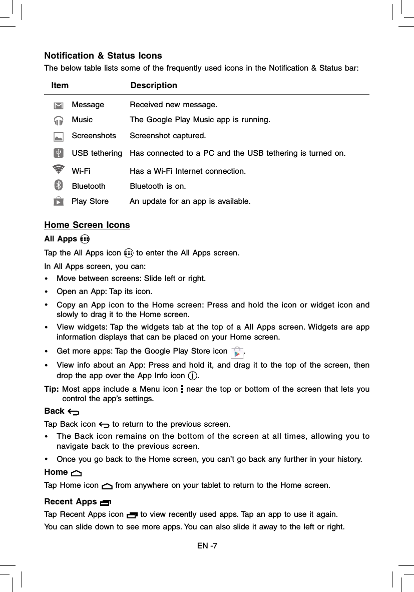 EN -7Home Screen IconsAll Apps     Tap the All Apps icon   to enter the All Apps screen. In All Apps screen, you can: •  Move between screens: Slide left or right.•  Open an App: Tap its icon.•  Copy an App icon to the Home screen: Press and hold the icon or widget icon and slowly to drag it to the Home screen.•  View widgets: Tap the widgets tab at the top of a All Apps screen. Widgets are app information displays that can be placed on your Home screen.•  Get more apps: Tap the Google Play Store icon  . •  View info about an App: Press and hold it, and drag it to the top of the screen, then drop the app over the App Info icon i.Tip: Most apps include a Menu icon   near the top or bottom of the screen that lets you  control the app’s settings.Back   Tap Back icon   to return to the previous screen.•  The Back icon remains on the bottom of the screen at all times, allowing you to navigate back to the previous screen.•  Once you go back to the Home screen, you can’t go back any further in your history.Home    Tap Home icon   from anywhere on your tablet to return to the Home screen. Recent Apps   Tap Recent Apps icon   to view recently used apps. Tap an app to use it again. You can slide down to see more apps. You can also slide it away to the left or right.Notiﬁ cation &amp; Status IconsThe below table lists some of the frequently used icons in the Notiﬁ cation &amp; Status bar:   Item                          DescriptionMessage  Received new message.Music  The Google Play Music app is running.Screenshots Screenshot captured.USB tethering  Has connected to a PC and the USB tethering is turned on.Wi-Fi  Has a Wi-Fi Internet connection. Play Store  An update for an app is available. Bluetooth  Bluetooth is on. 