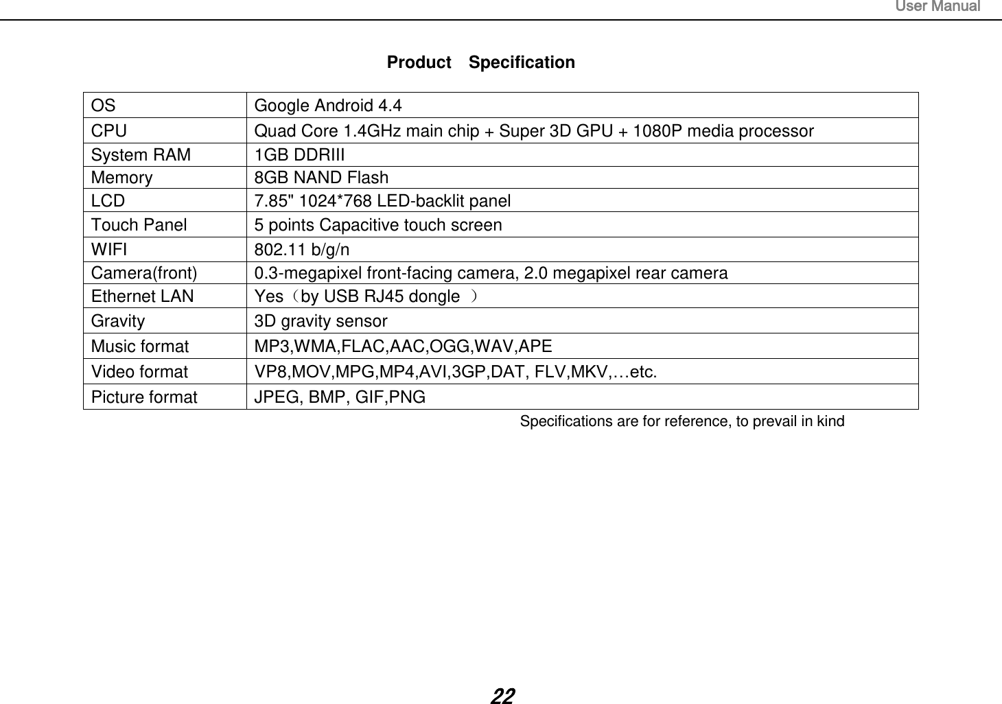                                                                                                                       User Manual 22  Product    Specification  OS  Google Android 4.4 CPU  Quad Core 1.4GHz main chip + Super 3D GPU + 1080P media processor   System RAM  1GB DDRIII   Memory  8GB NAND Flash   LCD  7.85&quot; 1024*768 LED-backlit panel   Touch Panel  5 points Capacitive touch screen WIFI  802.11 b/g/n Camera(front)  0.3-megapixel front-facing camera, 2.0 megapixel rear camera Ethernet LAN  Yesby USB RJ45 dongle   Gravity  3D gravity sensor Music format  MP3,WMA,FLAC,AAC,OGG,WAV,APE Video format  VP8,MOV,MPG,MP4,AVI,3GP,DAT, FLV,MKV,…etc. Picture format  JPEG, BMP, GIF,PNG Specifications are for reference, to prevail in kind                                                                                                                                                       