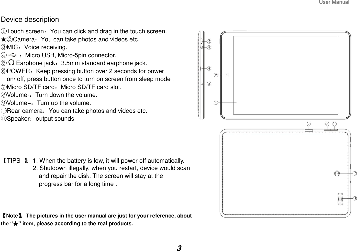                                                                                                                       User Manual 3 Device description                                                                                                                                                   Touch screenYou can click and drag in the touch screen. ★CameraYou can take photos and videos etc. MICVoice receiving.         Micro USB, Micro-5pin connector.    Earphone jack3.5mm standard earphone jack. POWERKeep pressing button over 2 seconds for power   on/ off, press button once to turn on screen from sleep mode .    Micro SD/TF cardMicro SD/TF card slot.                                           Volume-Turn down the volume. Volume+Turn up the volume.     Rear-cameraYou can take photos and videos etc. ⑪Speakeroutput sounds      TIPS  1. When the battery is low, it will power off automatically. 2. Shutdown illegally, when you restart, device would scan   and repair the disk. The screen will stay at the   progress bar for a long time .    Note The pictures in the user manual are just for your reference, about the “★” item, please according to the real products.   