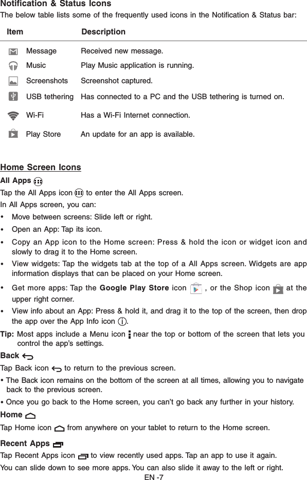 EN -7Home Screen IconsAll Apps   Tap the All Apps icon     to enter the All Apps screen. In All Apps screen, you can: • Move between screens: Slide left or right.• Open an App: Tap its icon.• Copy an App icon to the Home  screen: Press &amp; hold the icon or widget icon and slowly to drag it to the Home screen.• View  widgets: Tap the  widgets tab  at  the  top  of a  All Apps  screen. Widgets  are app information displays that can be placed on your Home screen.•  Get  more  apps:  Tap  the  Google Play  Store icon    ,  or  the  Shop  icon    at  the upper right corner. • View info about an App: Press &amp; hold it, and drag it to the top of the screen, then drop the app over the App Info icon  i.Tip: Most apps include a Menu icon   near the top or bottom of the screen that lets you      control the app’s settings.Back    Tap Back icon   to return to the previous screen.• The Back icon remains on the bottom of the screen at all times, allowing you to navigate    back to the previous screen.• Once you go back to the Home screen, you can’t go back any further in your history.Home    Tap Home icon   from anywhere on your tablet to return to the Home screen. Recent Apps    Tap Recent Apps icon   to view recently used apps. Tap an app to use it again. You can slide down to see more apps. You can also slide it away to the left or right.Notiﬁcation &amp; Status IconsThe below table lists some of the frequently used icons in the Notication &amp; Status bar:   Item                          DescriptionMessage  Received new message.Music  Play Music application is running.Screenshots  Screenshot captured.USB tethering  Has connected to a PC and the USB tethering is turned on.Wi-Fi  Has a Wi-Fi Internet connection. Play Store  An update for an app is available. 