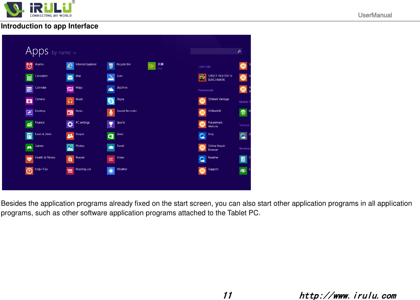                                                                                           UserManual                                                                                                                                                        11              http://www.irulu.com                                      Introduction to app Interface                        Besides the application programs already fixed on the start screen, you can also start other application programs in all application programs, such as other software application programs attached to the Tablet PC.          