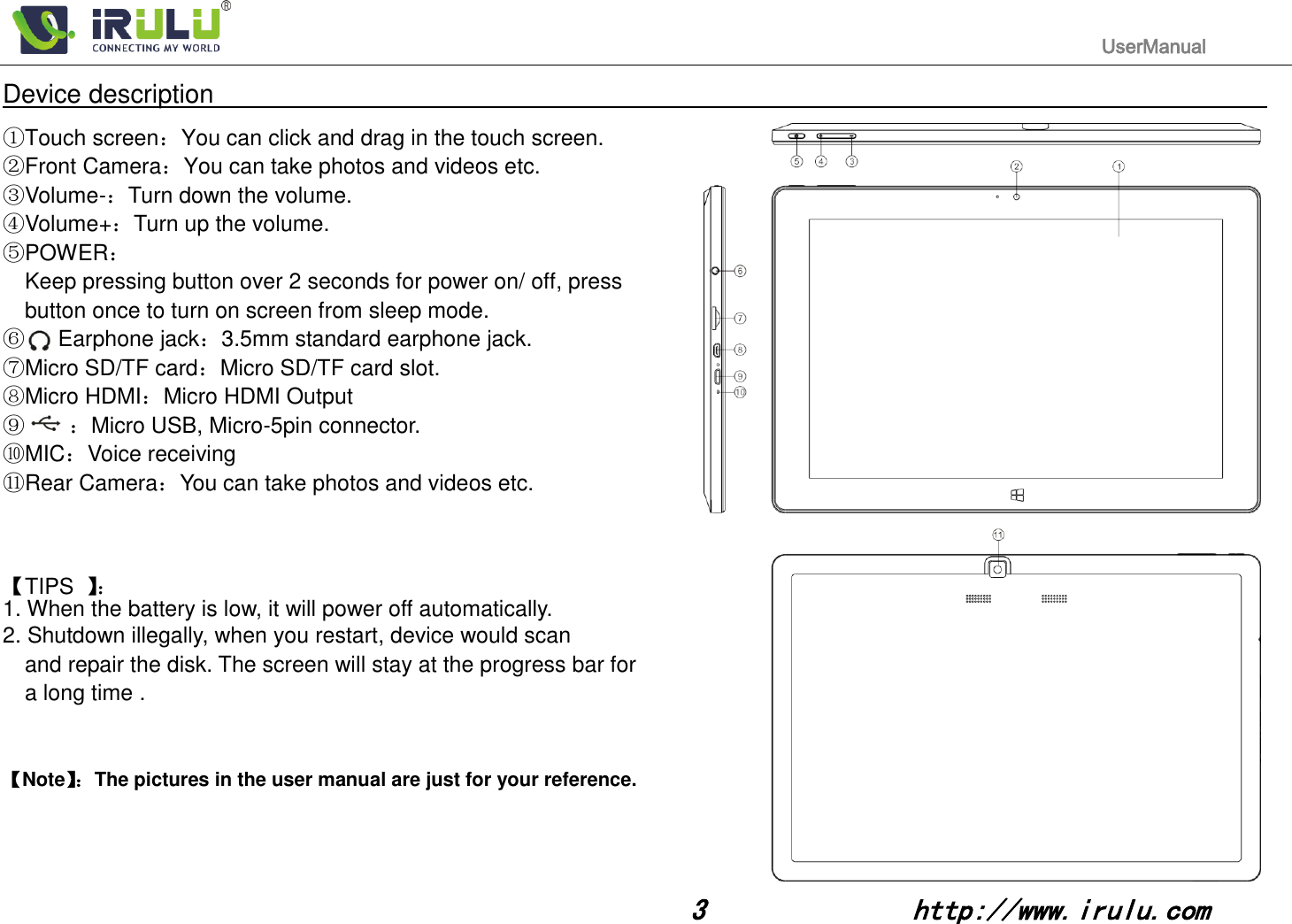                                                                                           UserManual                                                                                                                                                        3              http://www.irulu.com                                      Device description                                                                                                                                                         ①Touch screen：You can click and drag in the touch screen. ②Front Camera：You can take photos and videos etc. ③Volume-：Turn down the volume. ④Volume+：Turn up the volume.     ⑤POWER： Keep pressing button over 2 seconds for power on/ off, press     button once to turn on screen from sleep mode.         ⑥   Earphone jack：3.5mm standard earphone jack.       ⑦Micro SD/TF card：Micro SD/TF card slot.        ⑧Micro HDMI：Micro HDMI Output                                                ⑨    ：Micro USB, Micro-5pin connector. ⑩MIC：Voice receiving     ⑪Rear Camera：You can take photos and videos etc.       【TIPS  】： 1. When the battery is low, it will power off automatically. 2. Shutdown illegally, when you restart, device would scan   and repair the disk. The screen will stay at the progress bar for   a long time .   【Note】： The pictures in the user manual are just for your reference.    