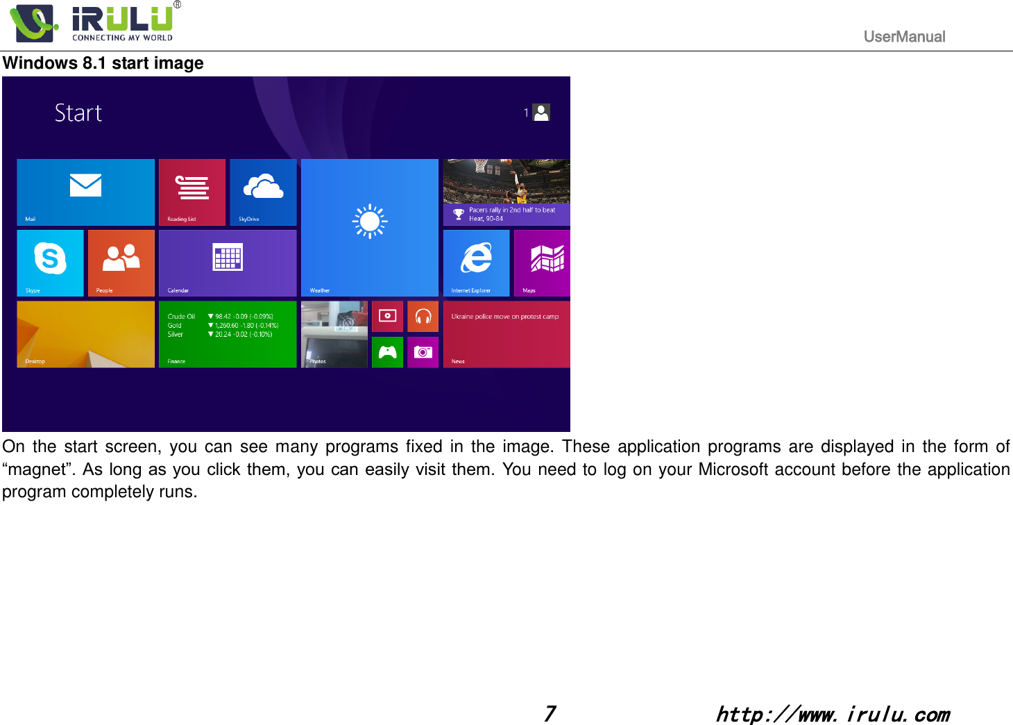                                                                                           UserManual                                                                                                                                                        7              http://www.irulu.com                                      Windows 8.1 start image  On  the start  screen, you can see many  programs fixed  in the  image. These application  programs are displayed in  the form of “magnet”. As long as you click them, you can easily visit them. You need to log on your Microsoft account before the application program completely runs.         