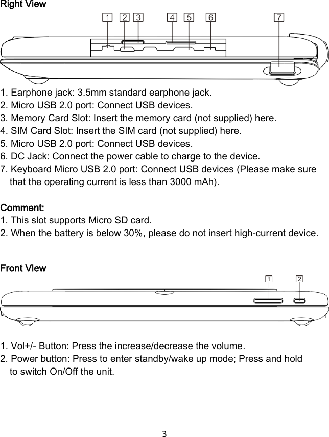 3   Right View 1. Earphone jack: 3.5mm standard earphone jack. 2. Micro USB 2.0 port: Connect USB devices.   3. Memory Card Slot: Insert the memory card (not supplied) here. 4. SIM Card Slot: Insert the SIM card (not supplied) here.   5. Micro USB 2.0 port: Connect USB devices. 6. DC Jack: Connect the power cable to charge to the device. 7. Keyboard Micro USB 2.0 port: Connect USB devices (Please make sure that the operating current is less than 3000 mAh).  Comment: 1. This slot supports Micro SD card. 2. When the battery is below 30%, please do not insert high-current device.  Front View  1. Vol+/- Button: Press the increase/decrease the volume. 2. Power button: Press to enter standby/wake up mode; Press and hold   to switch On/Off the unit.    