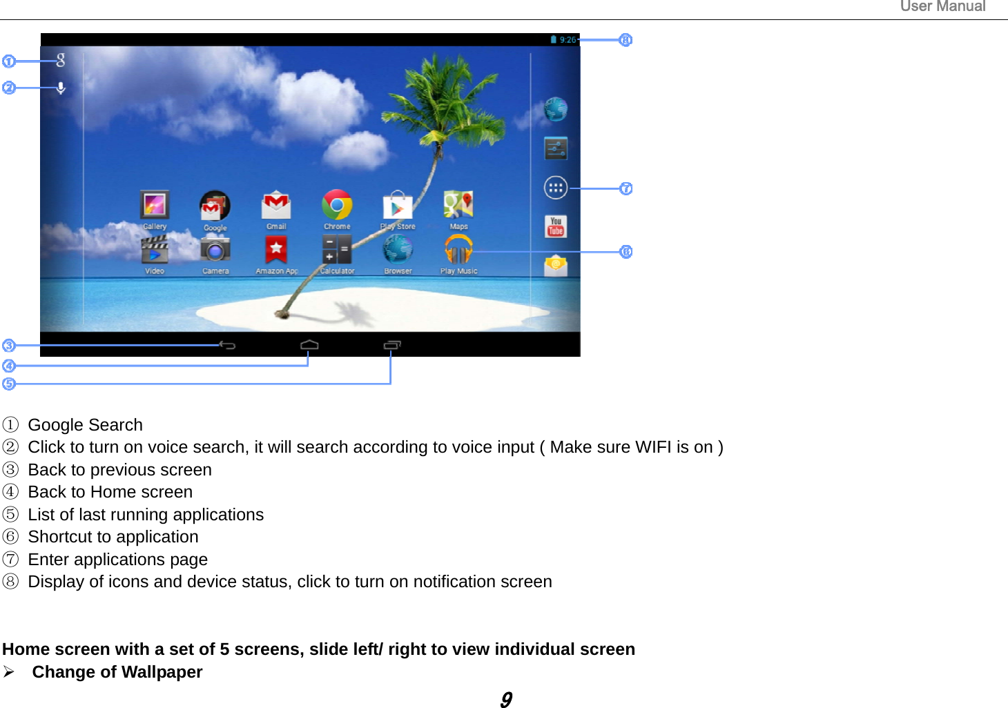                                                                                                                       User Manual 9   ① Google Search ②  Click to turn on voice search, it will search according to voice input ( Make sure WIFI is on ) ③  Back to previous screen ④  Back to Home screen ⑤  List of last running applications ⑥  Shortcut to application ⑦ Enter applications page ⑧  Display of icons and device status, click to turn on notification screen   Home screen with a set of 5 screens, slide left/ right to view individual screen  Change of Wallpaper 