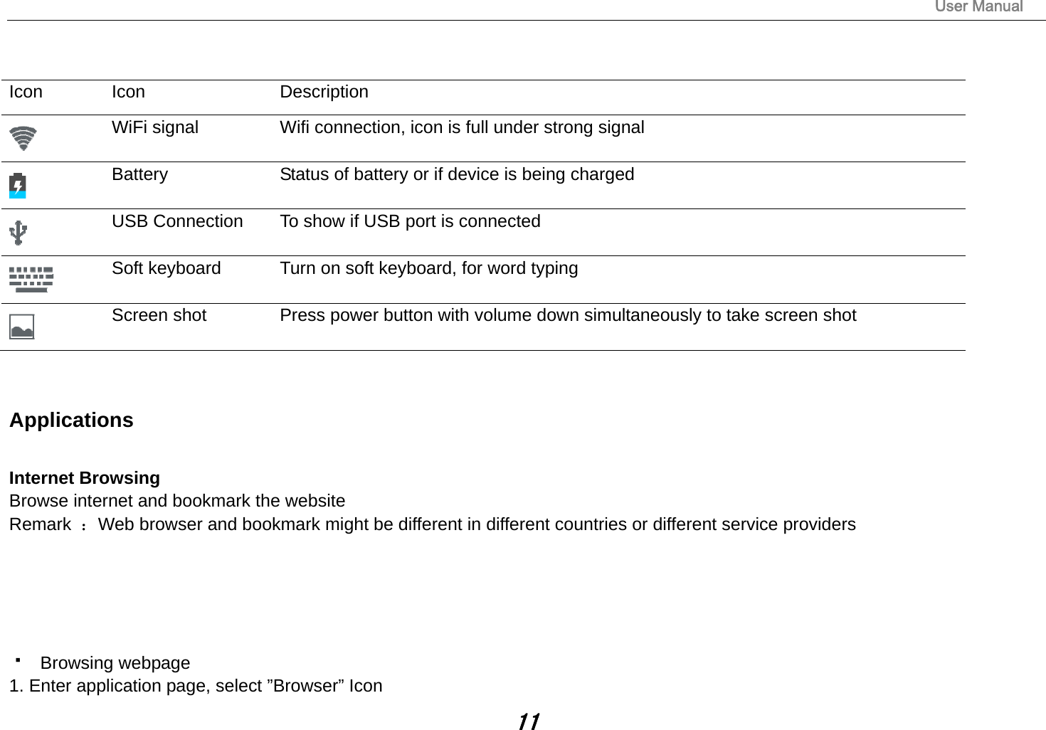                                                                                                                       User Manual 11   Icon Icon  Description  WiFi signal  Wifi connection, icon is full under strong signal  Battery  Status of battery or if device is being charged  USB Connection  To show if USB port is connected  Soft keyboard  Turn on soft keyboard, for word typing  Screen shot  Press power button with volume down simultaneously to take screen shot   Applications  Internet Browsing Browse internet and bookmark the website Remark  ：Web browser and bookmark might be different in different countries or different service providers       Browsing webpage 1. Enter application page, select ”Browser” Icon 