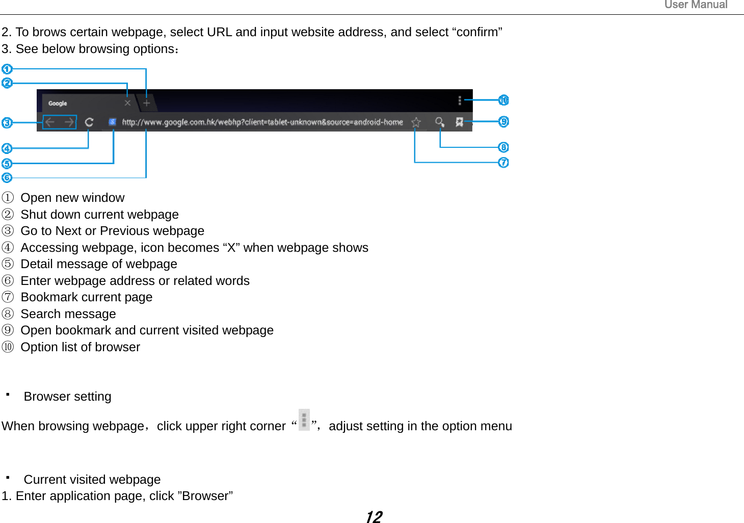                                                                                                                       User Manual 12 2. To brows certain webpage, select URL and input website address, and select “confirm” 3. See below browsing options：  ①  Open new window ②  Shut down current webpage ③  Go to Next or Previous webpage ④  Accessing webpage, icon becomes “X” when webpage shows ⑤  Detail message of webpage ⑥  Enter webpage address or related words ⑦ Bookmark current page  ⑧ Search message ⑨  Open bookmark and current visited webpage   ⑩  Option list of browser    Browser setting When browsing webpage，click upper right corner“ ”，adjust setting in the option menu     Current visited webpage 1. Enter application page, click ”Browser” 