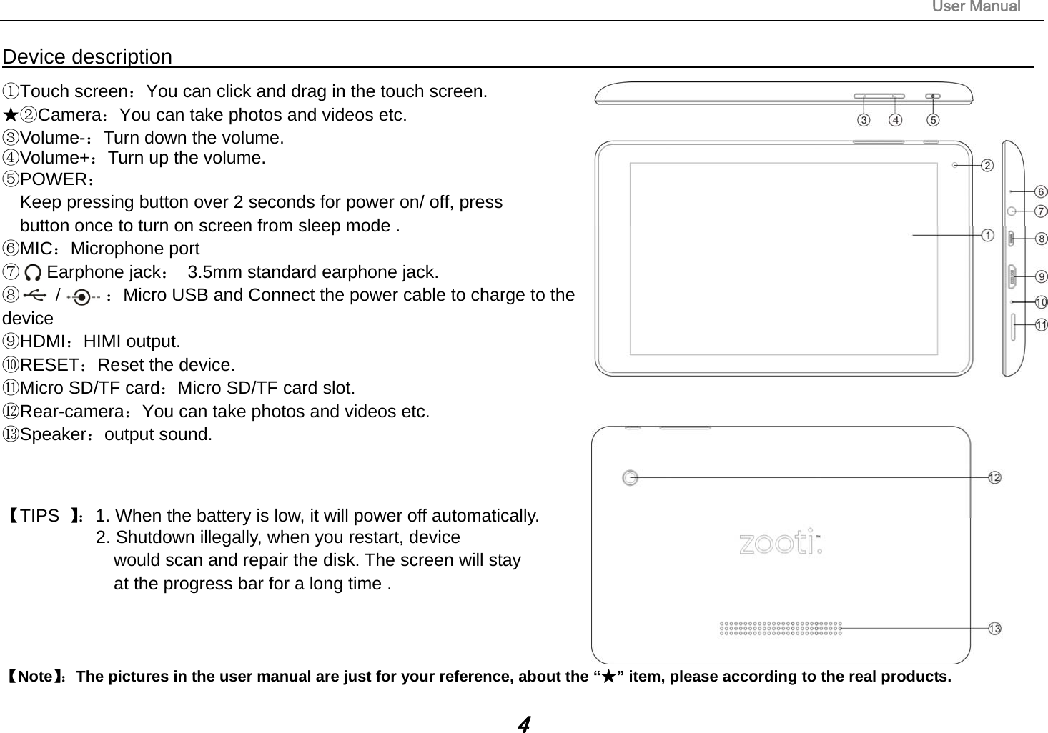                                                                                                                       User Manual 4 Device description                                                                                ①Touch screen：You can click and drag in the touch screen. ★②Camera：You can take photos and videos etc. ③Volume-：Turn down the volume. ④Volume+：Turn up the volume.       ⑤POWER： Keep pressing button over 2 seconds for power on/ off, press   button once to turn on screen from sleep mode .       ⑥MIC：Microphone port     ⑦   Earphone jack： 3.5mm standard earphone jack.           ⑧    /     ：Micro USB and Connect the power cable to charge to the device ⑨HDMI：HIMI output. ⑩RESET：Reset the device. ⑪Micro SD/TF card：Micro SD/TF card slot. ⑫Rear-camera：You can take photos and videos etc. ⑬Speaker：output sound.    【TIPS  】：1. When the battery is low, it will power off automatically. 2. Shutdown illegally, when you restart, device   would scan and repair the disk. The screen will stay   at the progress bar for a long time .    【Note】：The pictures in the user manual are just for your reference, about the “★” item, please according to the real products. 