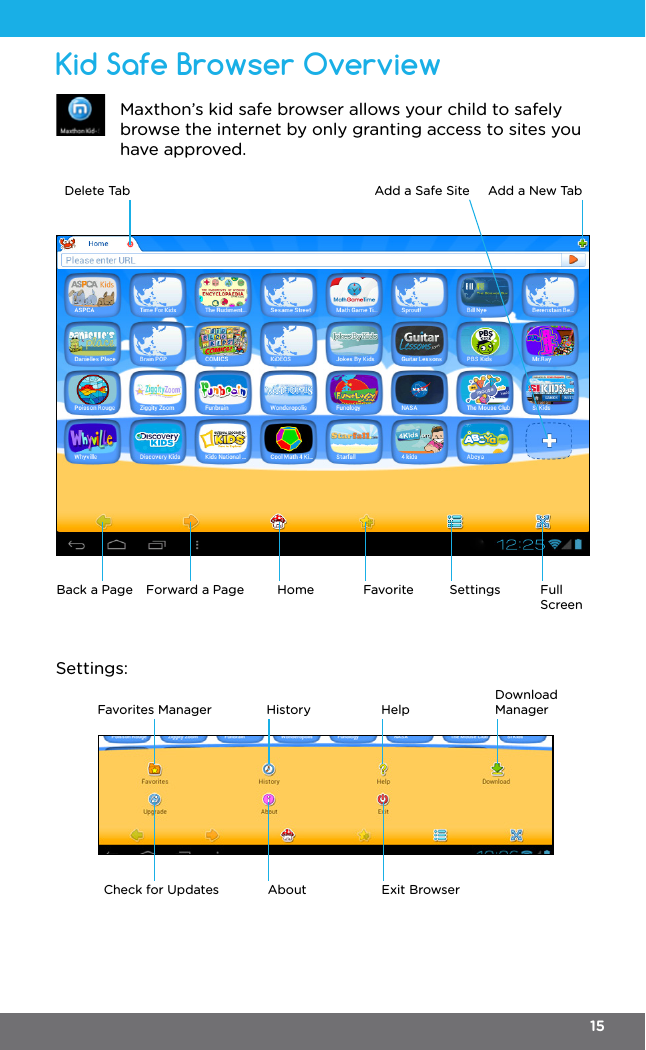 Kid Safe Browser OverviewMaxthon’s kid safe browser allows your child to safely browse the internet by only granting access to sites you have approved.Settings:Back a Page Forward a Page Home Favorite Settings Full ScreenDelete Tab Add a New TabAdd a Safe SiteFavorites Manager HistoryCheck for UpdatesHelpAbout Exit BrowserDownload Manager15