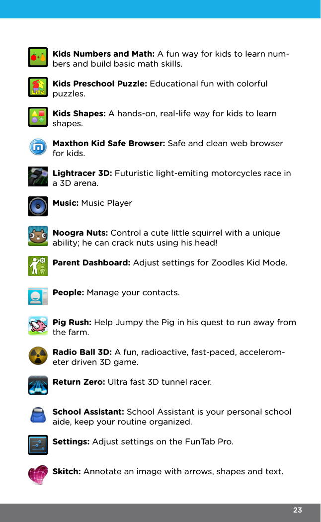 Kids Numbers and Math: A fun way for kids to learn num-bers and build basic math skills.Kids Preschool Puzzle: Educational fun with colorful puzzles.Kids Shapes: A hands-on, real-life way for kids to learn shapes.Maxthon Kid Safe Browser: Safe and clean web browser for kids.Lightracer 3D: Futuristic light-emiting motorcycles race in a 3D arena.Music: Music PlayerNoogra Nuts: Control a cute little squirrel with a unique ability; he can crack nuts using his head! Parent Dashboard: Adjust settings for Zoodles Kid Mode.People: Manage your contacts.Pig Rush: Help Jumpy the Pig in his quest to run away from the farm.Radio Ball 3D: A fun, radioactive, fast-paced, accelerom-eter driven 3D game.Return Zero: Ultra fast 3D tunnel racer.School Assistant: School Assistant is your personal school aide, keep your routine organized.Settings: Adjust settings on the FunTab Pro.Skitch: Annotate an image with arrows, shapes and text.23