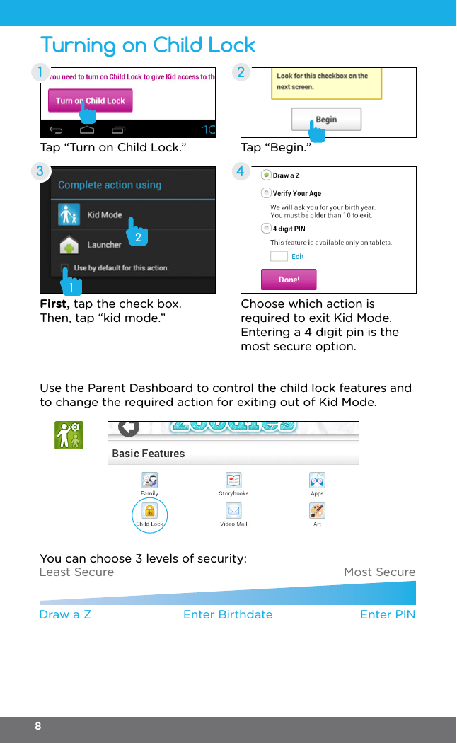 Turning on Child Lock1 23 4Tap “Turn on Child Lock.” Tap “Begin.”First, tap the check box. Then, tap “kid mode.”Choose which action is required to exit Kid Mode. Entering a 4 digit pin is the most secure option. Least SecureDraw a Z Enter Birthdate Enter PINMost SecureUse the Parent Dashboard to control the child lock features and to change the required action for exiting out of Kid Mode.You can choose 3 levels of security:128