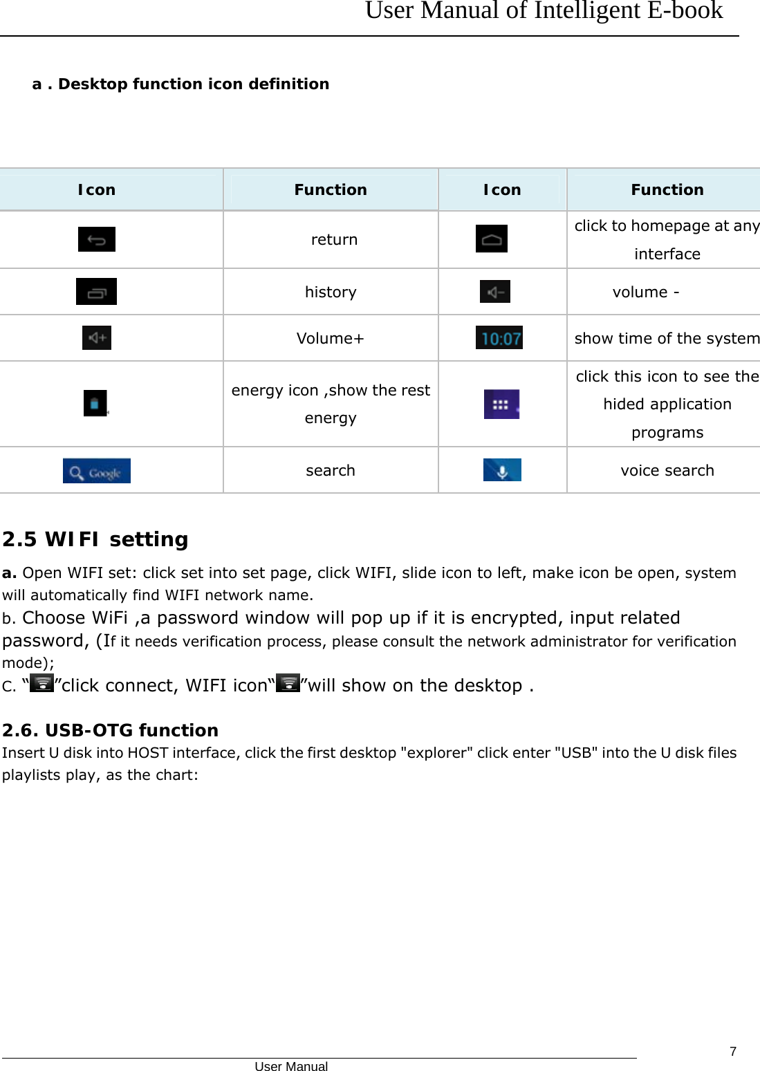 User Manual of Intelligent E-book                                            User Manual   7a . Desktop function icon definition        Icon  Function  Icon  Function   return   click to homepage at any interface   history   volume -  Volume+   show time of the system  energy icon ,show the rest energy   click this icon to see the hided application programs  search   voice search  2.5 WIFI setting a. Open WIFI set: click set into set page, click WIFI, slide icon to left, make icon be open, system will automatically find WIFI network name. b. Choose WiFi ,a password window will pop up if it is encrypted, input related password, (If it needs verification process, please consult the network administrator for verification mode); C. “”click connect, WIFI icon“ ”will show on the desktop .  2.6. USB-OTG function Insert U disk into HOST interface, click the first desktop &quot;explorer&quot; click enter &quot;USB&quot; into the U disk files playlists play, as the chart:  